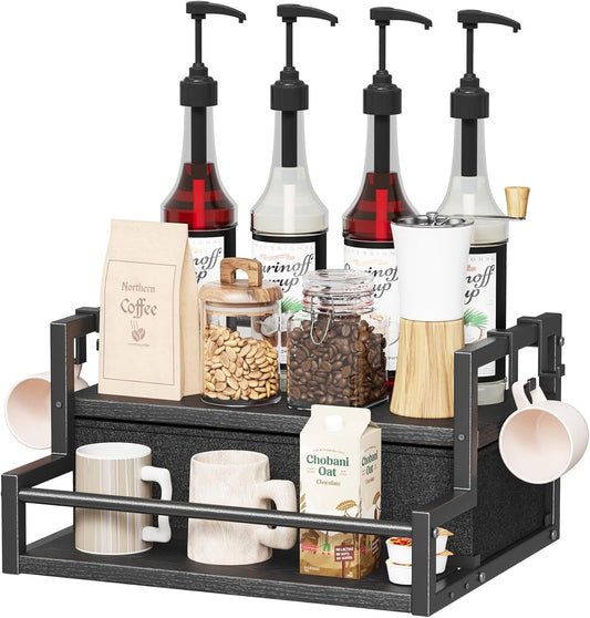 Homeiju Coffee Syrup Organizer Rack, 2-Tier Bottle Coffee Bar Accessories, Holder Stand with K Cup Storage Drawer for Coffee bar, Wine Rack, Storage Shelves for Syrup. (Black)