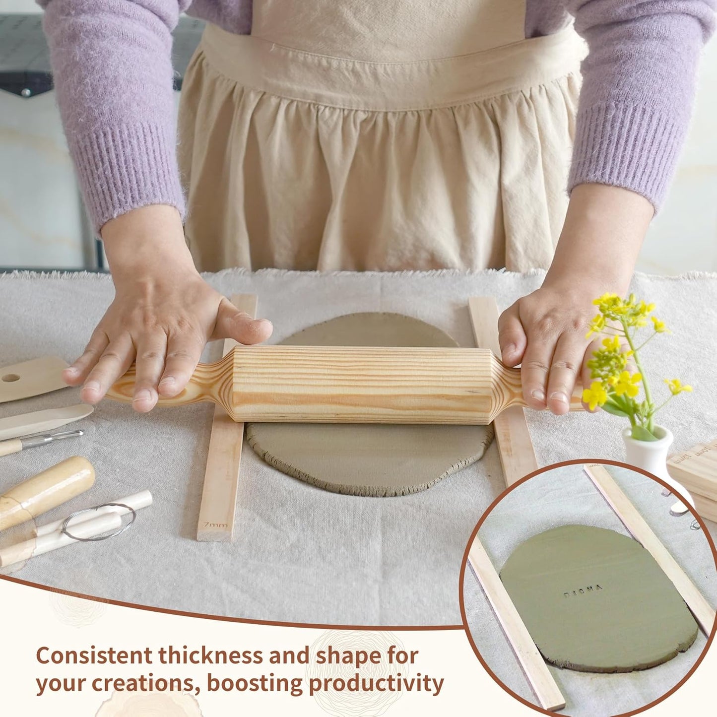 DICHA 10 Pcs Wooden Clay Rolling Guides – Pottery & Polymer Clay Thickness Guide Sticks, 5 Sizes