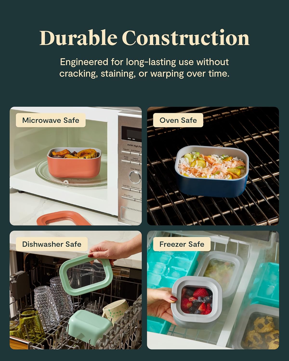 Caraway Mini Rectangle Food Storage Container - 2.6 Cup Glass Storage Container for Food - Non-Toxic Ceramic-Coated Glass - Air Release Technology - Compact & Stackable Design - Cream