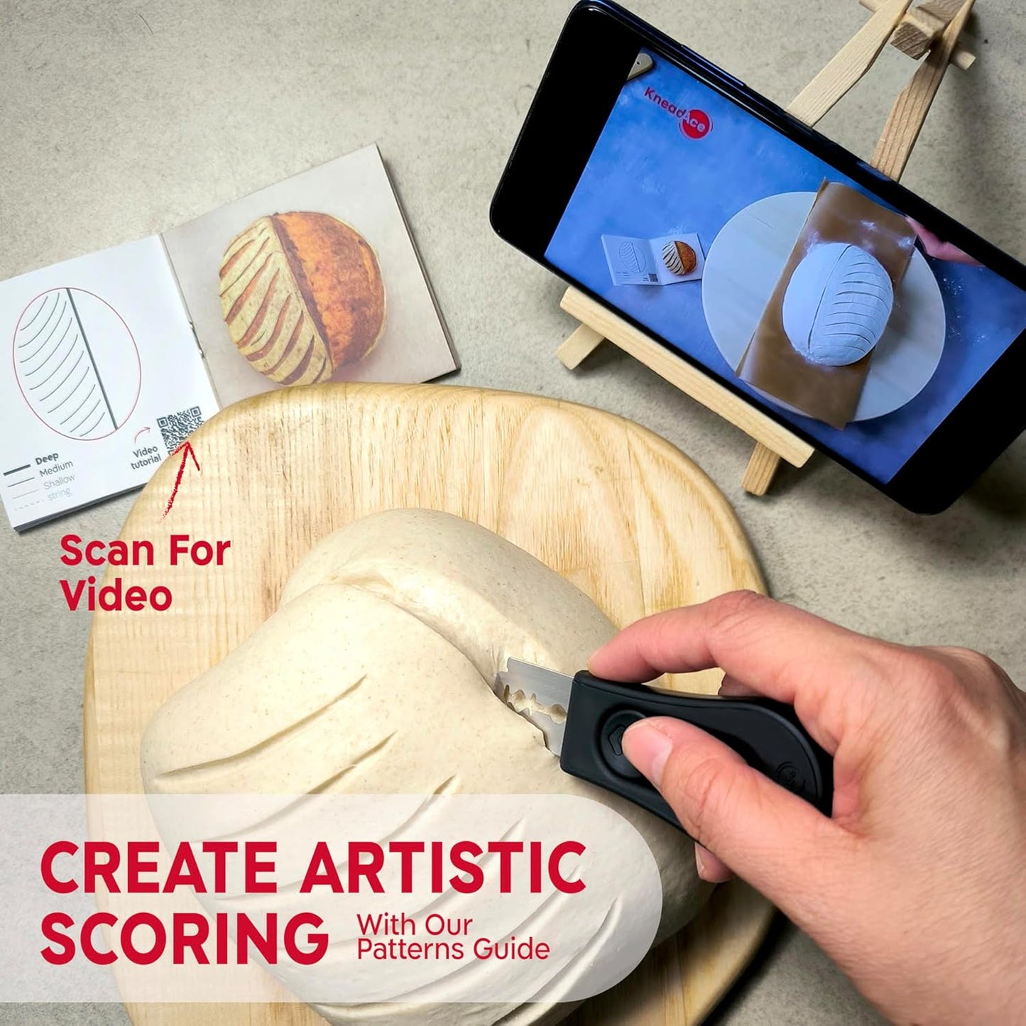 KneadAce Upgraded Magnetic Bread Lame, Professional Dough Scoring Tool with Extractable Blade, Sourdough Bread Tool for Baking, Includes Scoring Pattern Booklet & 5 Replaceable Razor Blades