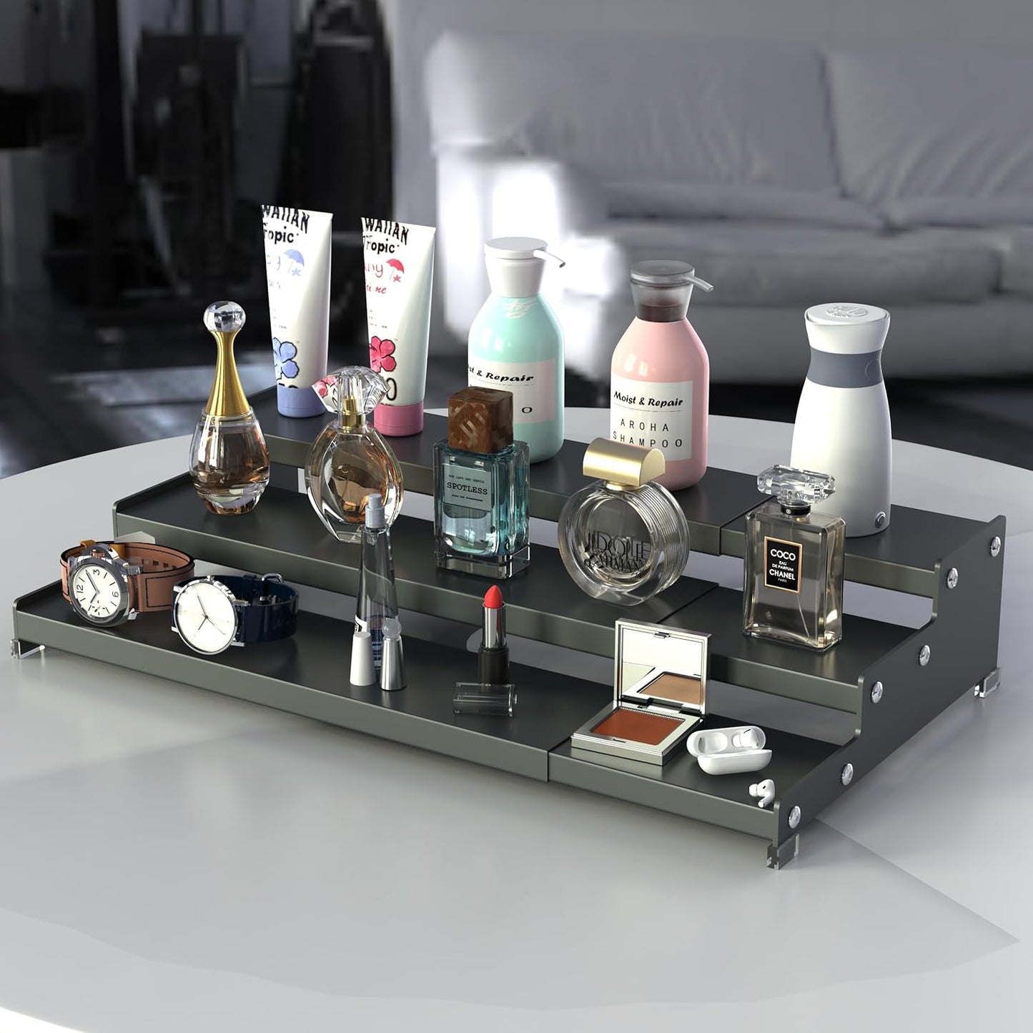 Expandable Spice Rack Storage organizer with 3-Tier step shelf cabinet,seasoning rack organizion.Great for Kitchen countertop shelves,Bathroom,dressing table,Cupboard,Pantry and more(2packs/Gun-gray)