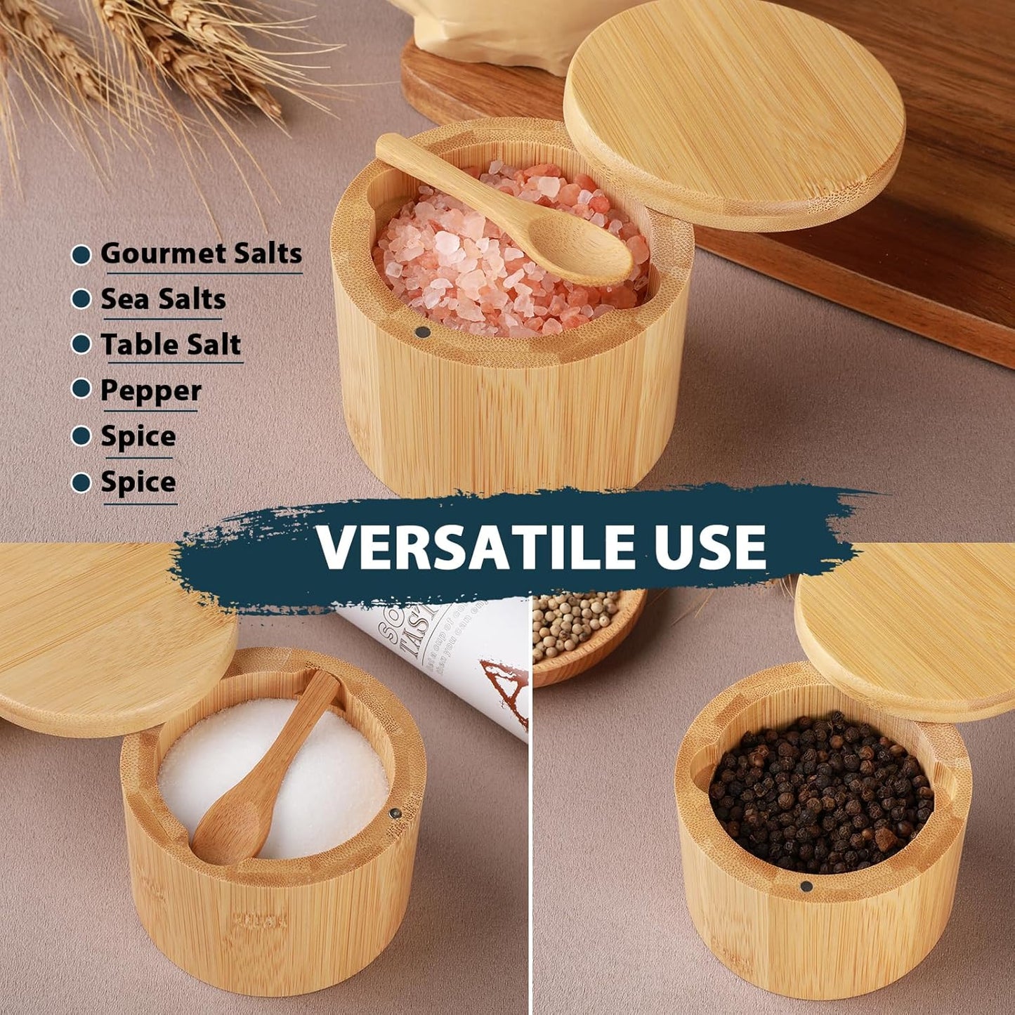 Bamboo Salt Cellar, 2 PCS Salt Container with Built-in Spoon, Salt Box Bowl with Magnetic Swivel Lid, Elegant Kitchen Salt Holder Saver Jar to Storage Pepper Spice Sea Salt for Countertop