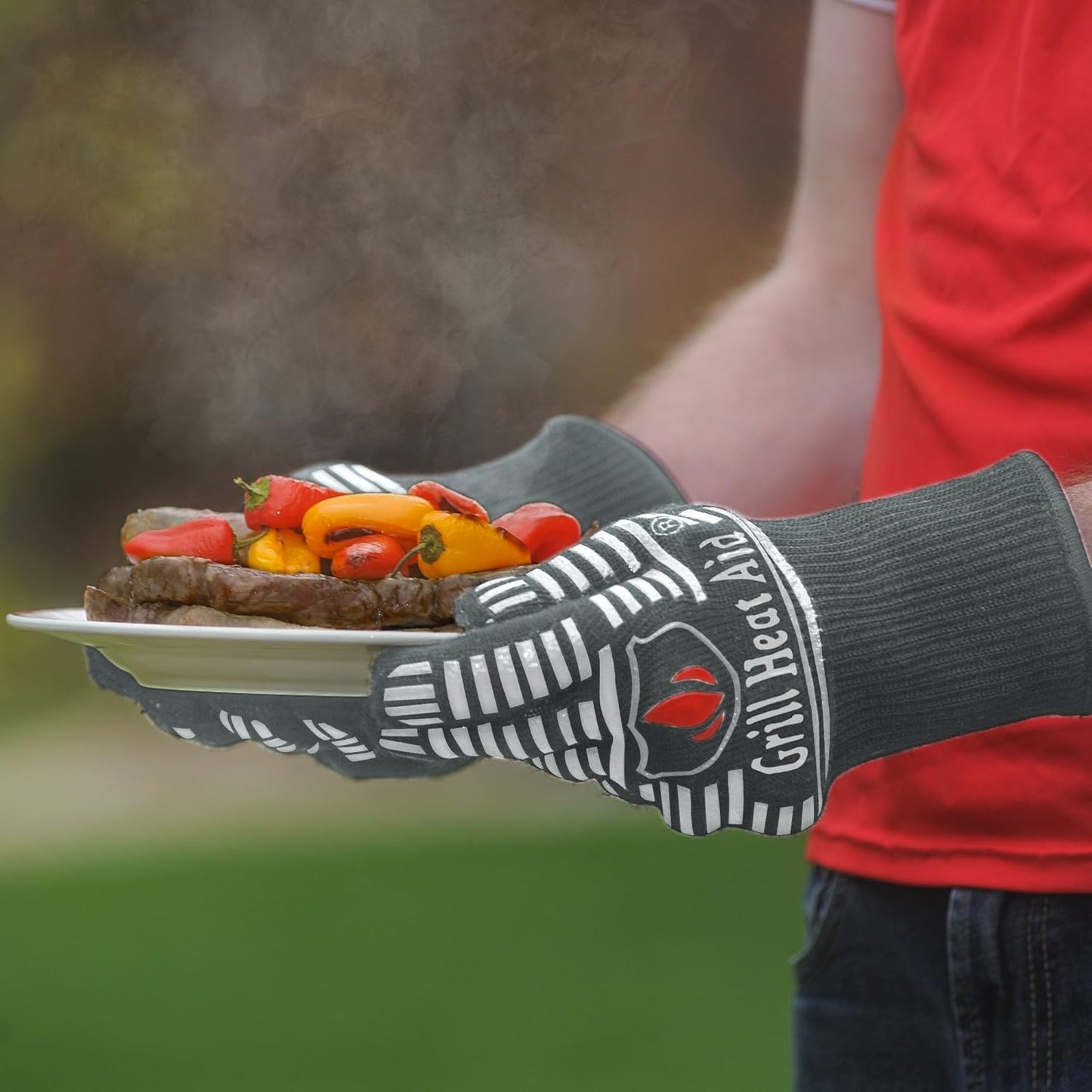 GRILL HEAT AID BBQ Grill Gloves Heat Proof for Grilling – Fireproof 1472°F Heat-Resistant Grill Mitts for Outdoor Barbecue and Smoker, Campfire, Fire Pit, Oven Glove with Fingers for Baking Pizza