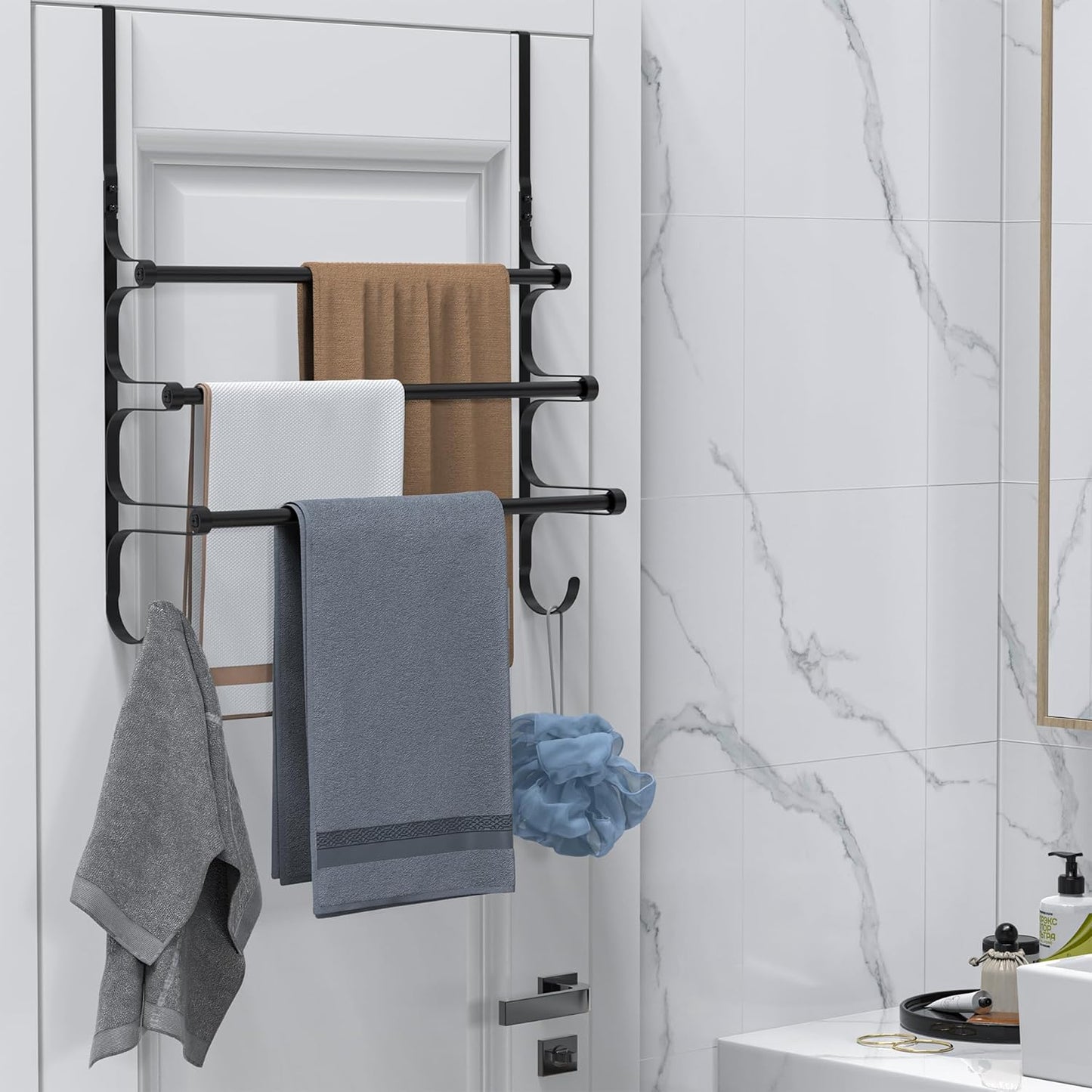 Over The Door Towel Rack, Over Door Towel Rack for Bathroom Door, Triple Towel Storage Holder with Hooks (Matte Black, 17.32" L)