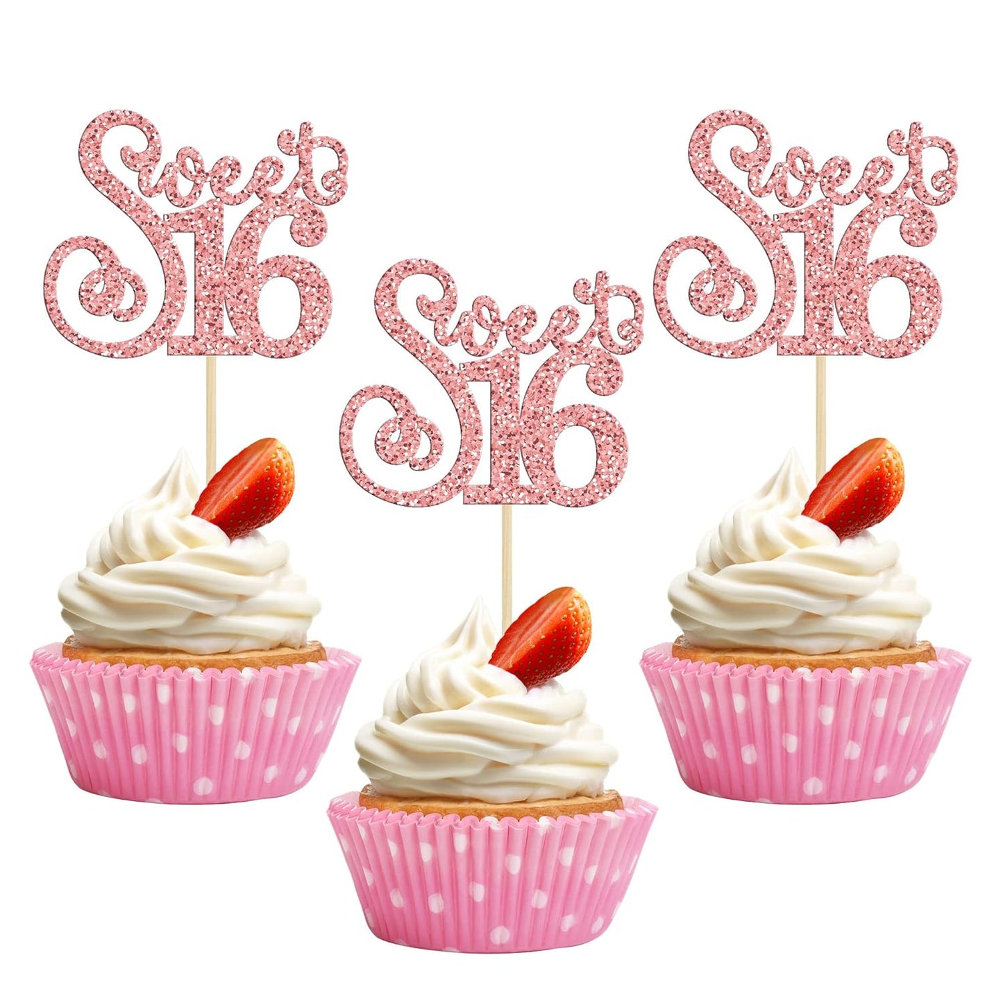 Gyufise 24 Pack 16th Birthday Cupcake Toppers Glitter Sixteen Happy Sweet 16 Cupcake Picks Cheers to 16 Years Old Cupcake Decorations for 16th Birthday Anniversary Party Cake Supplies Rose Gold