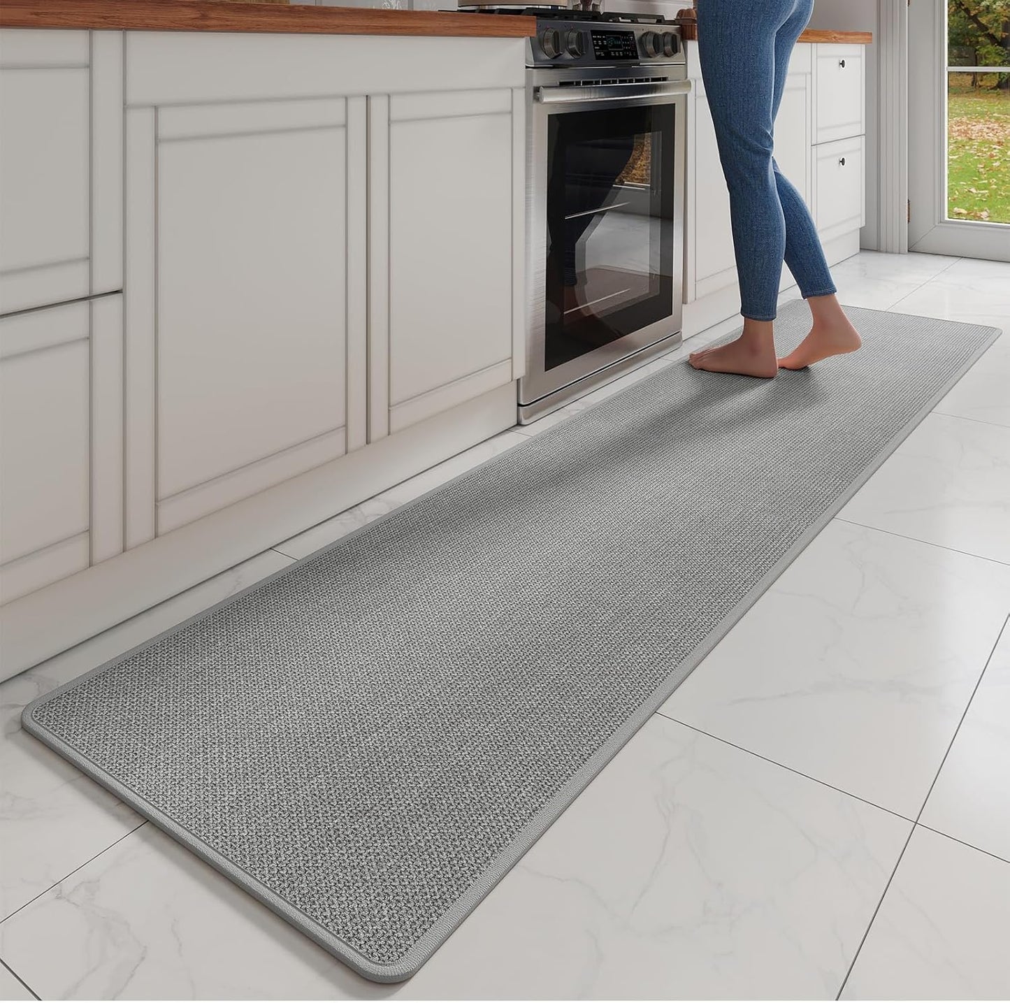 Kitchen Mats for Floor, Super Absorbent Kitchen Rugs Non Slip Washable, Soft Imitation Linen Braided Kitchen Runner Rug, Standing Mat Kitchens Sink Mat, Easy to Clean, Gray 17x95