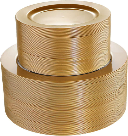 I00000 102 Pieces Solid Gold Disposable Plates, Gold Plastic Plates Premium Plastic Party Plates Includes: 51 Dinner Plate 10.25 Inch and 51 Salad/Dessert Plate 7.5 Inch for Wedding & Party