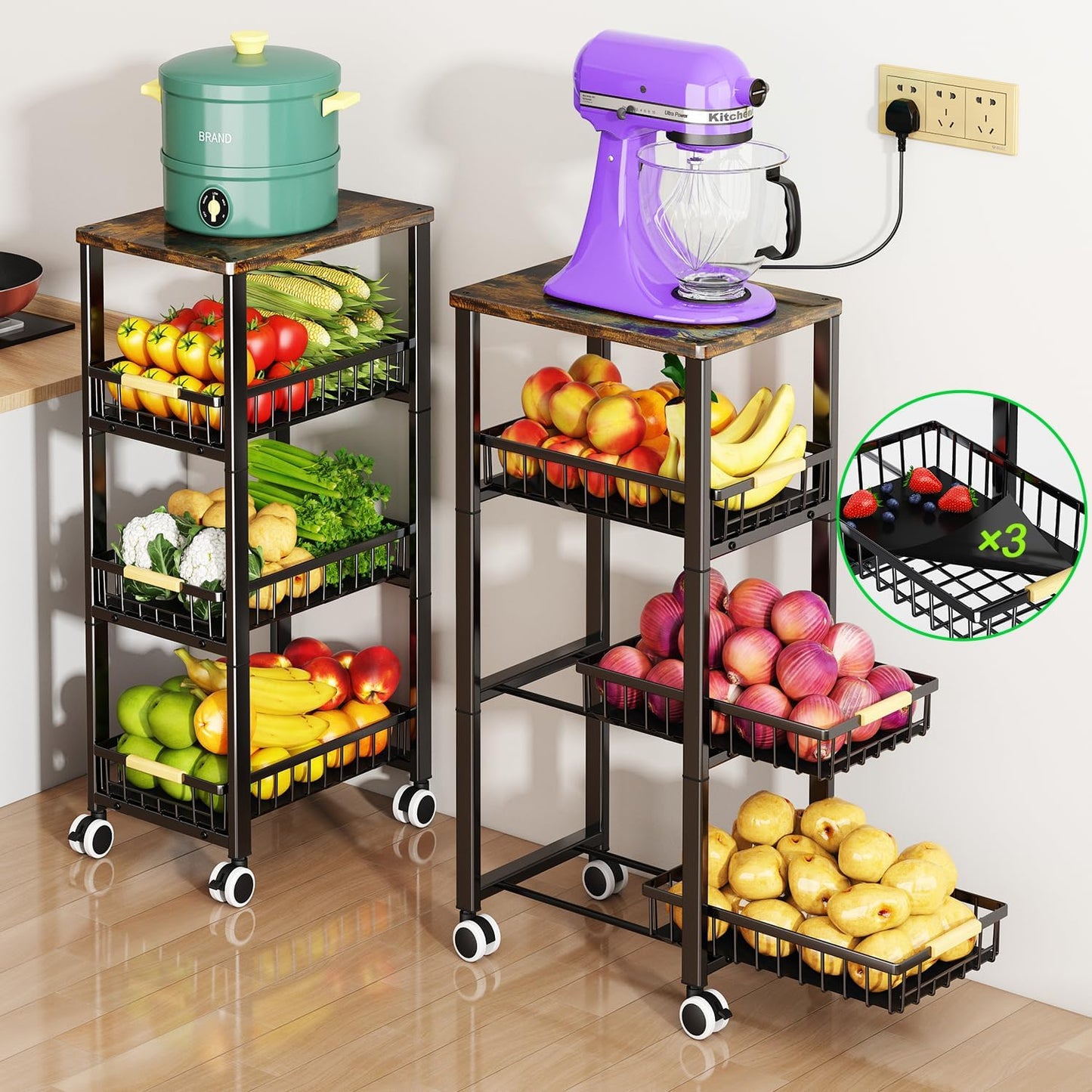 Fruit Vegetable Storage Basket for Kitchen, 4 Tier Large Pull-Out Metal Wire Baskets with 3 Pack Mats Bottom, Wood Top and Wheels, Vegetable Produce Bins Stand Cart Rack for Onions and Potatoes