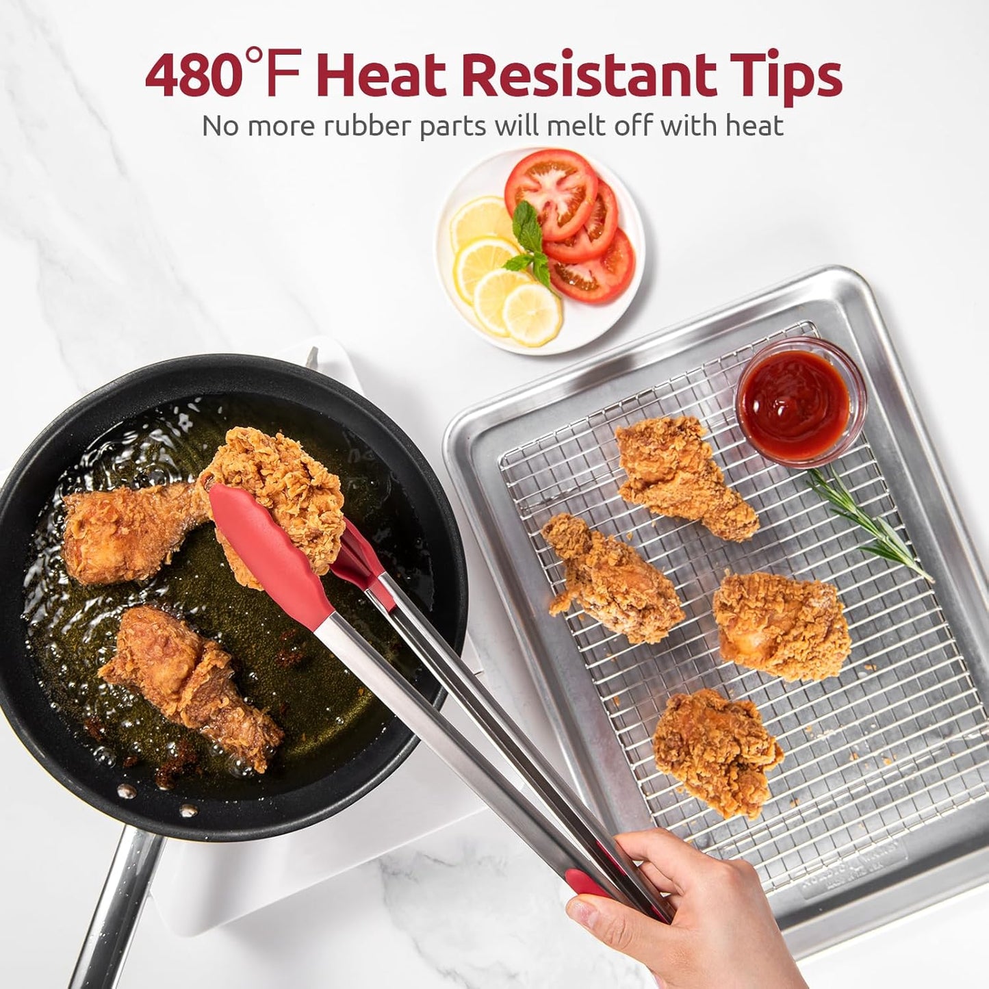 Heat Resistant Silicone Kitchen Tong: U-Taste 16 inch Extra Long Large 480ºF Hot Proof Cooking Tong with Sturdy Non Stick Rubber Tips & Non Slip Silicon Coated Steel Handle for Grilling BBQ (Red)