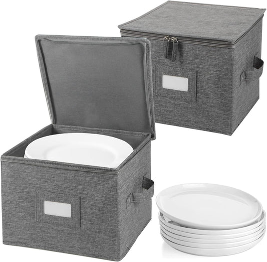 popoly China Storage Containers Hard Shell Inside 10" W x 8" H, Salad Plate Storage Containers for Dishes, Dinnerware with 24 Felt Dividers, Hold 24 Plates, Foldable and Stackable (2 Pack Grey)