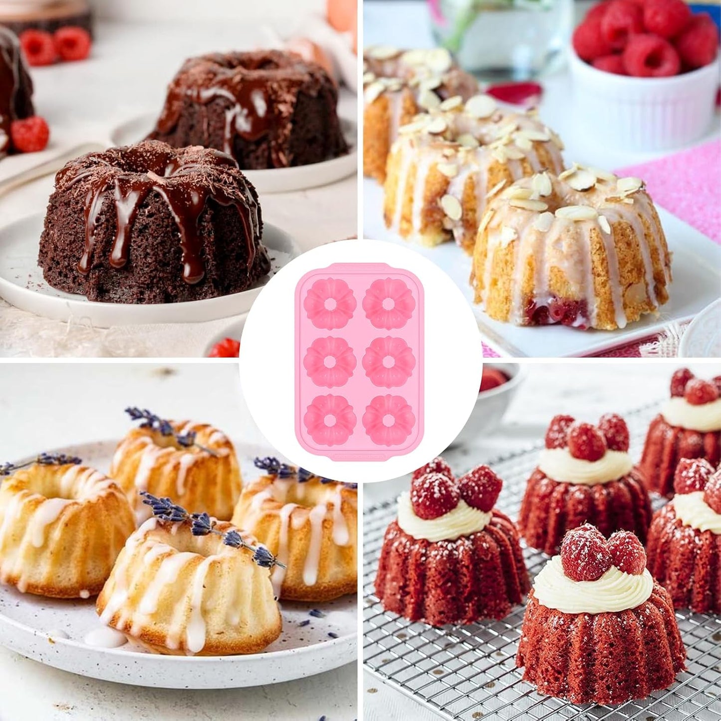 Mini Bundt Cake Pans for Baking, Silicone 6-Cavity Fluted Tube Cake Pan with Metal Reinforced Frame, Nonstick Baking Molds for Cupcake, Brownie, Donuts, Cornbread, Jello