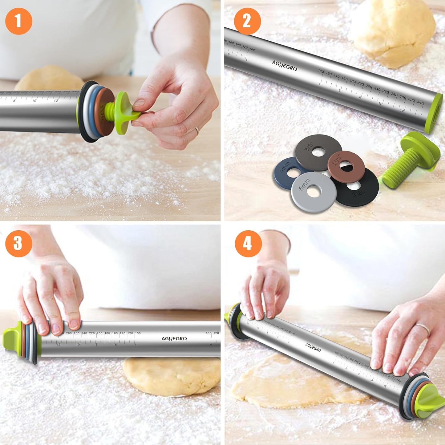 Stainless Steel Rolling Pin with Thickness Rings and Wooden Stand Dough Thickness for Baking, Fondant, Pizza, Pie Crust, Cookies, Pastries, 13.6" Rolling Pin with 4 Multi-Color Thickness Rings