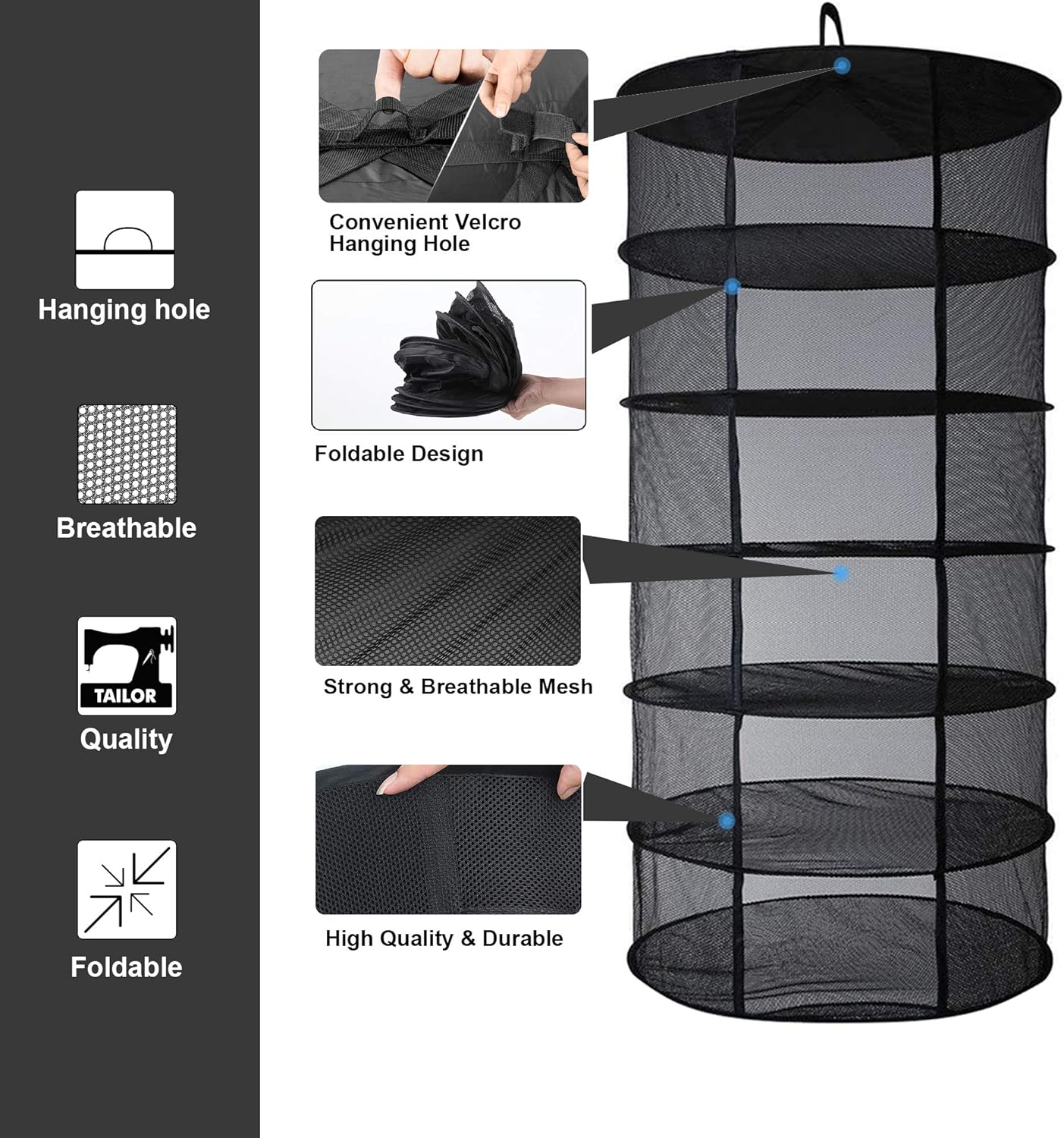 Desy & Feeci Herb Drying Rack Hanging, 6 Layer Collapsible Mesh Dry Net Herb Dryer with S Hang Buckle and Storage Bag, Black (Diameter 60 cm)