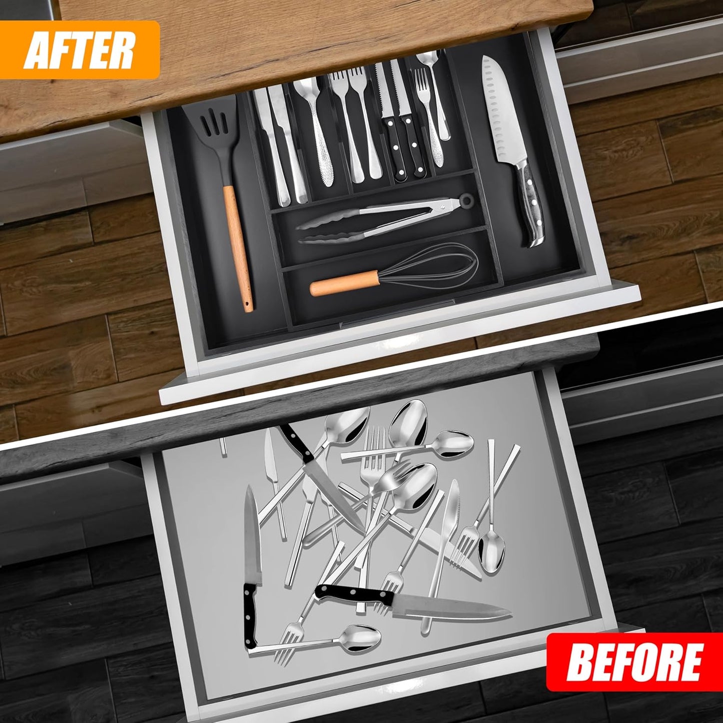 Bellsal Large Premium Bamboo Silverware Organizer - Expandable Utensil Drawer Organizer - 17"x19.6" Utensil Holder and Cutlery Tray with Grooved for Kitchen Flatware and Utensils(7-9 Slot, Black)