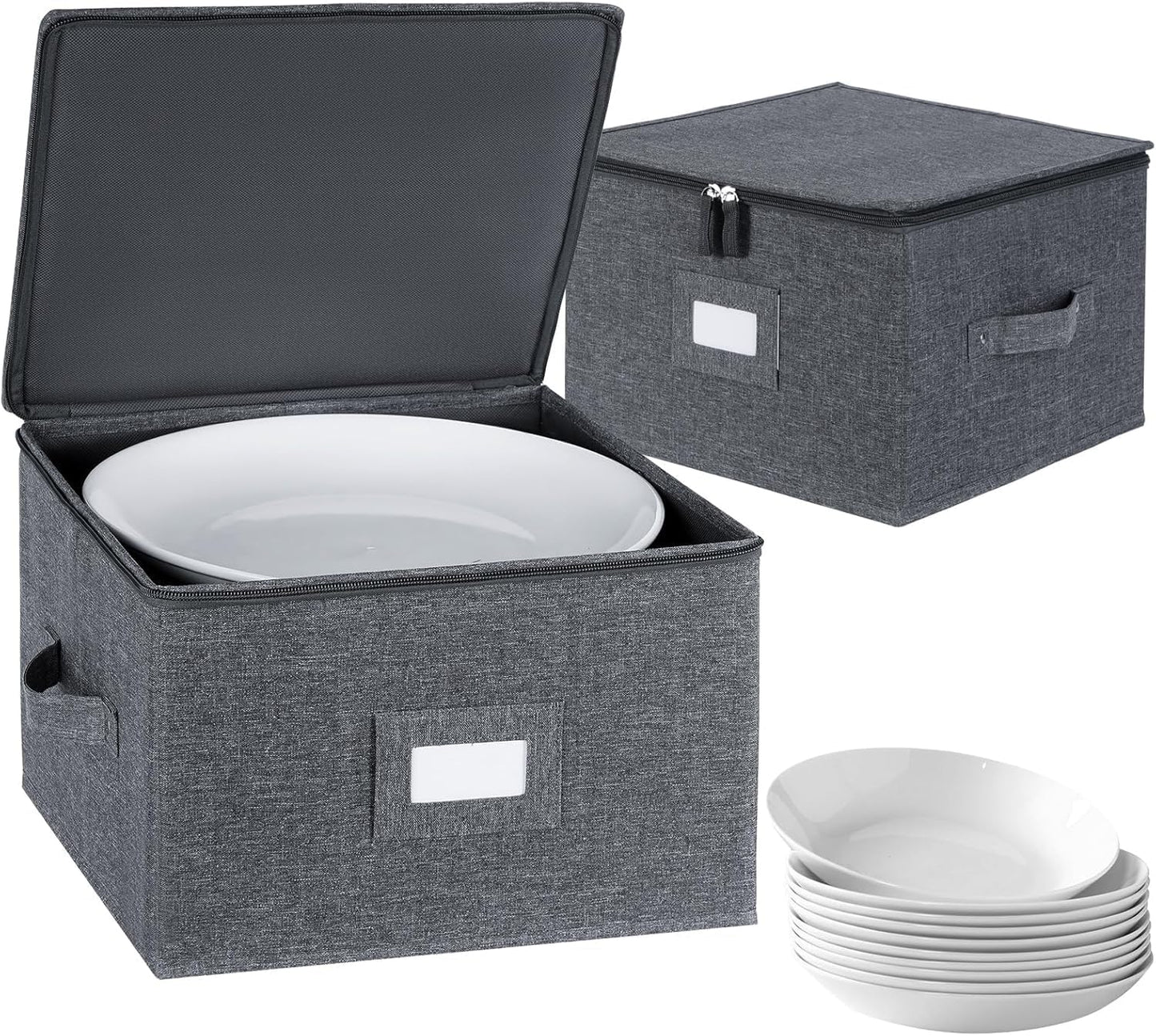 China Storage Containers Hard Shell Inside 13" W x 8" H, Charger Plate Storage Containers for Dishes, Dinnerware with 24 Felt Dividers, Hold 24 Plates, Stackable (2 Pack Grey)