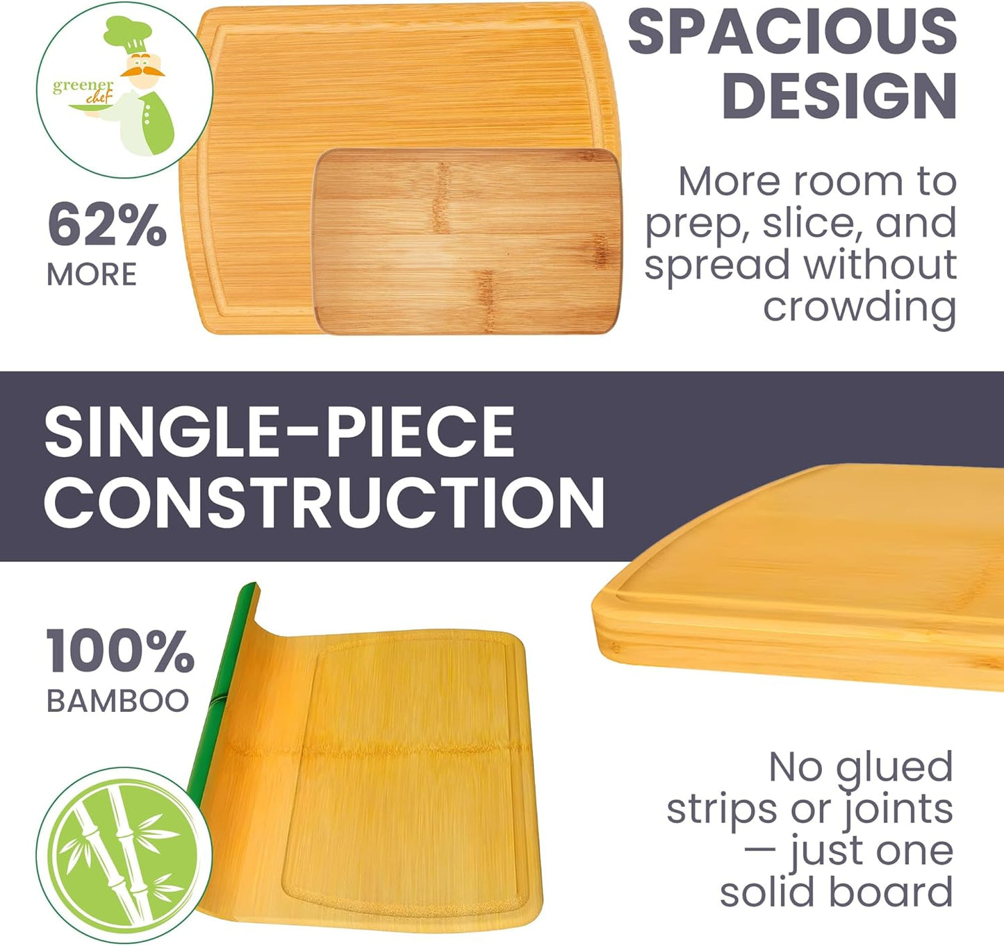 FSC® Certified Extra Large Bamboo Cutting Board Set of 3 – Featuring Glue-Free Surface™ Non Toxic Wood Cutting Boards for Safer Family Cooking and Lifetime Replacements for Peace of Mind