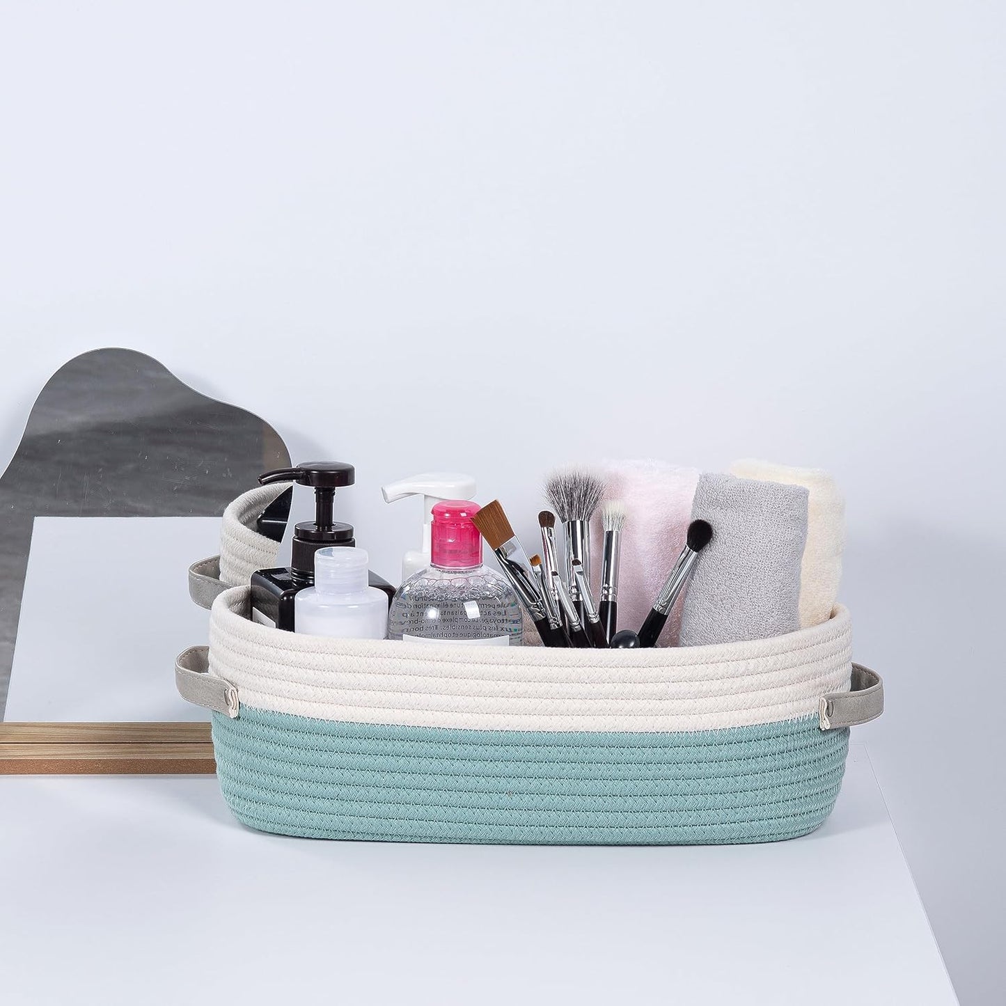 Cotton Rope Woven Toilet Paper Baskets for Organizing Decorative for Boho Decor Small Storage Gift 13"x5.9"x4" Mint Green