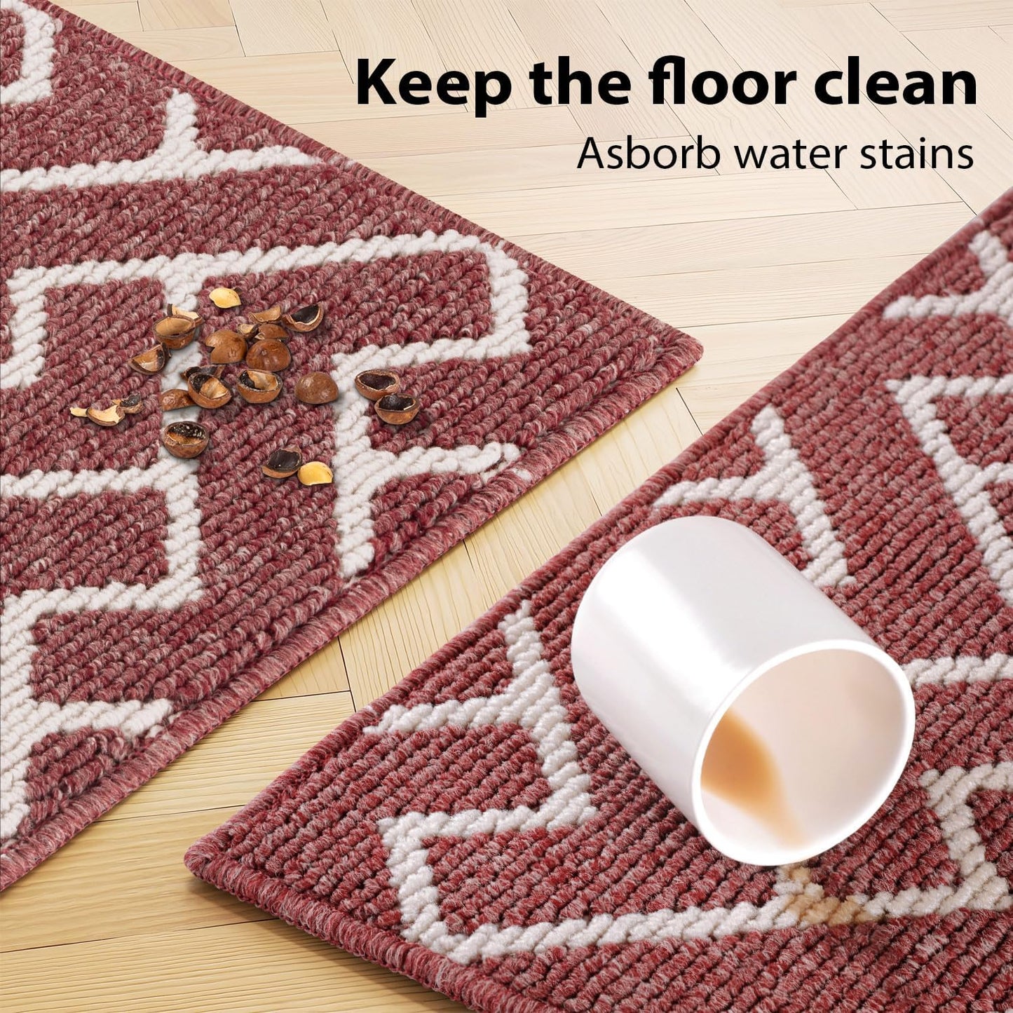 hicorfe Kitchen Rugs and Mats Sets,Non-Slip 2 Pieces Absorbent 100% Polypropylene Rug,Comfort Kitchen Runner Mat,Washable for Kitchen,Sink,Laundry(20" x 31.5" Plus 20" x 59",Red)