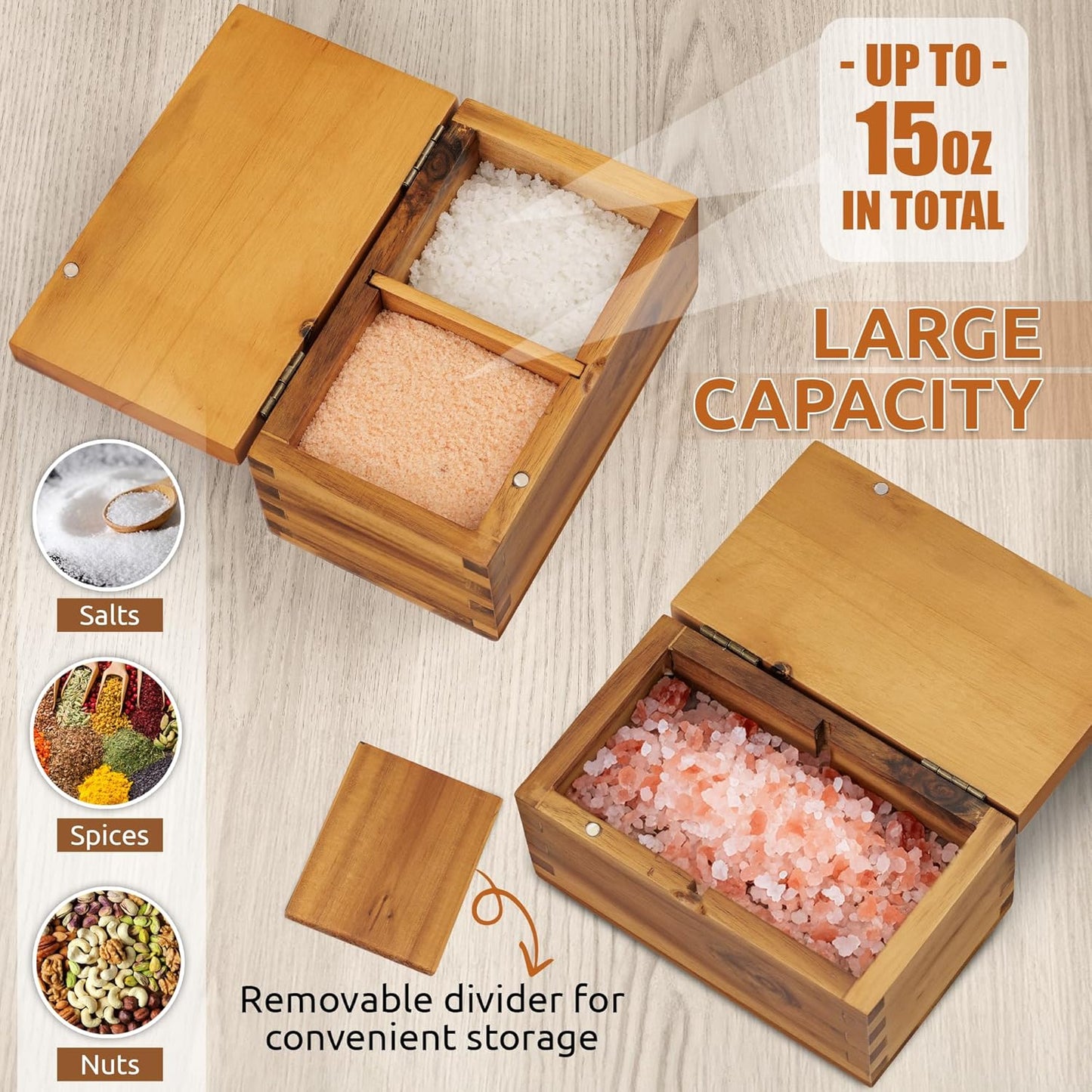 Demigo Acacia Wood Salt Cellar with Magnetic Flip Lid - 20 oz Large Capacity Salt Box for Kitchen - Keeps Spices, Herbs & Seasonings Fresh (Natural Brown)