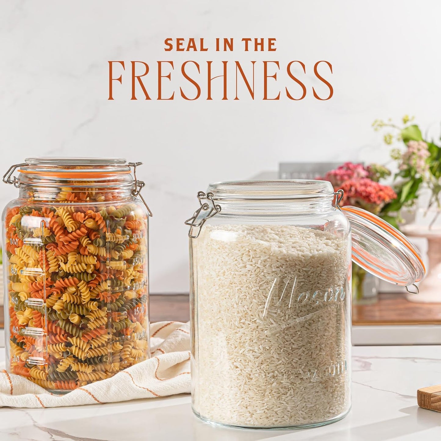 kitchentoolz 1 Gallon Glass Mason Storage Jars with Airtight Lids & Measurment Marks, Super Wide Mouth Canning Jars with Large Capacity for Pickles, Water Glassing & Overnight Oats - 2 Pack