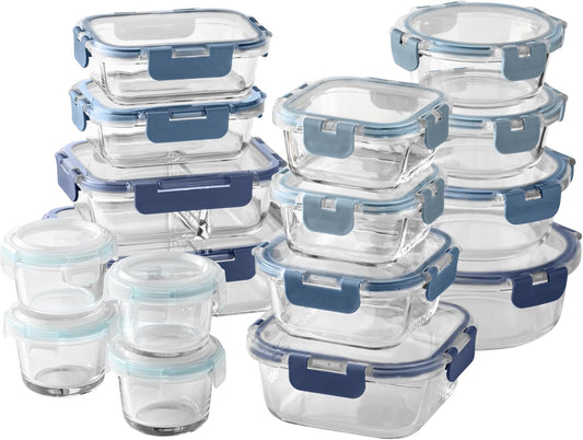 COOK WITH COLOR Premium 32-Pc. Borosilicate Glass Food Container Set with Dividers - 4 Rectangles, 8 Rounds, 4 Squares - Leakproof Lids - Meal Prep, Storage, Ombre Blue