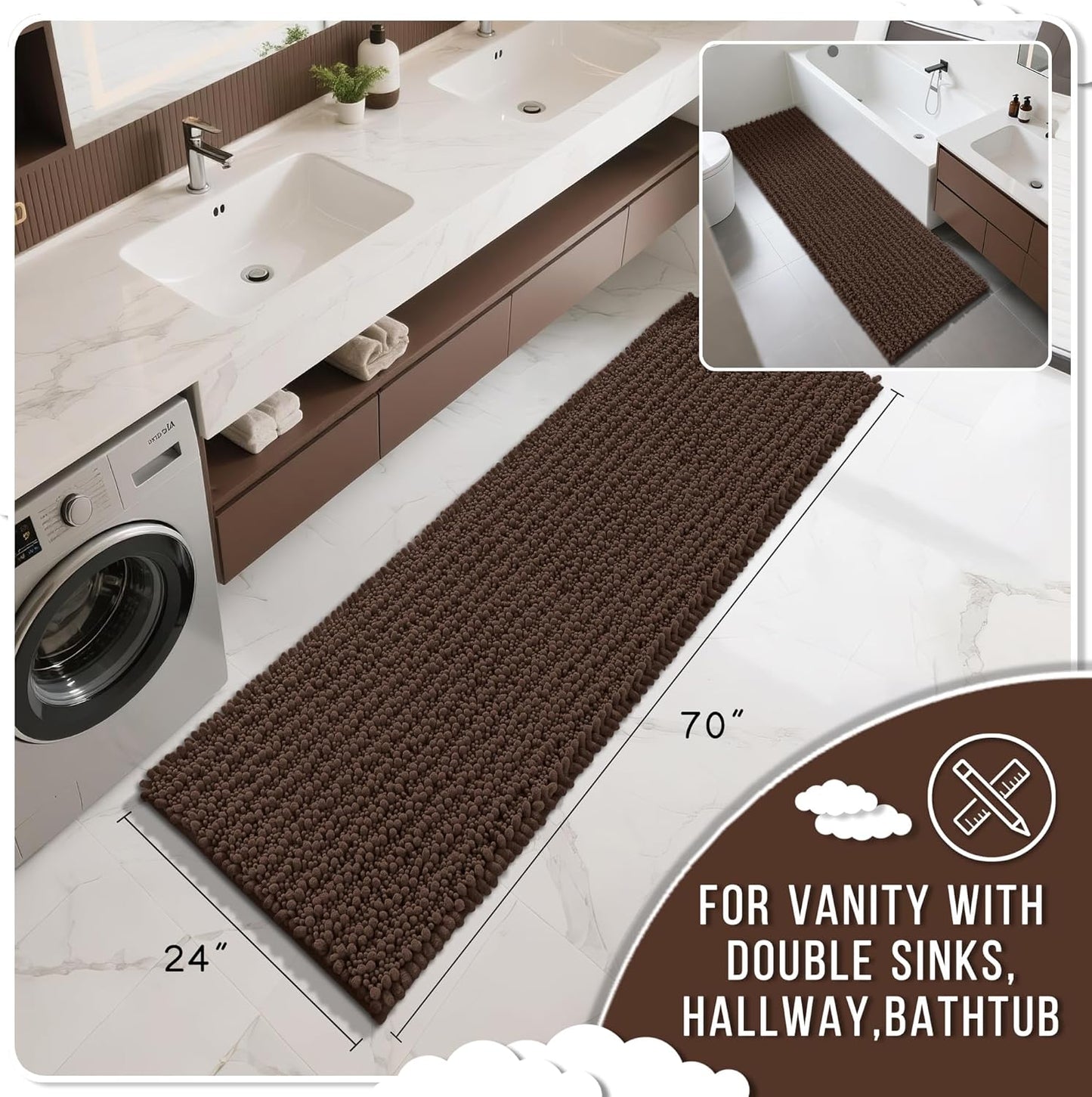 Yimobra Bathroom Runner Rug 70x24 Inch - Extra Long Non Slip Chenille Bath Mat, Soft & Absorbent, Machine Washable Shaggy Hallway Carpet for Vanity Tub Shower, Brown Home Decor Accessories