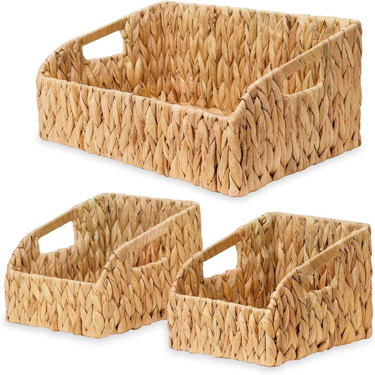 Wicker Baskets for Organizing, Pantry Baskets with Handles, Handwoven Wicker Storage Basket, Water Hyacinth Storage Bins for Shelves, Boho Decoration, 3 Pack,Natural