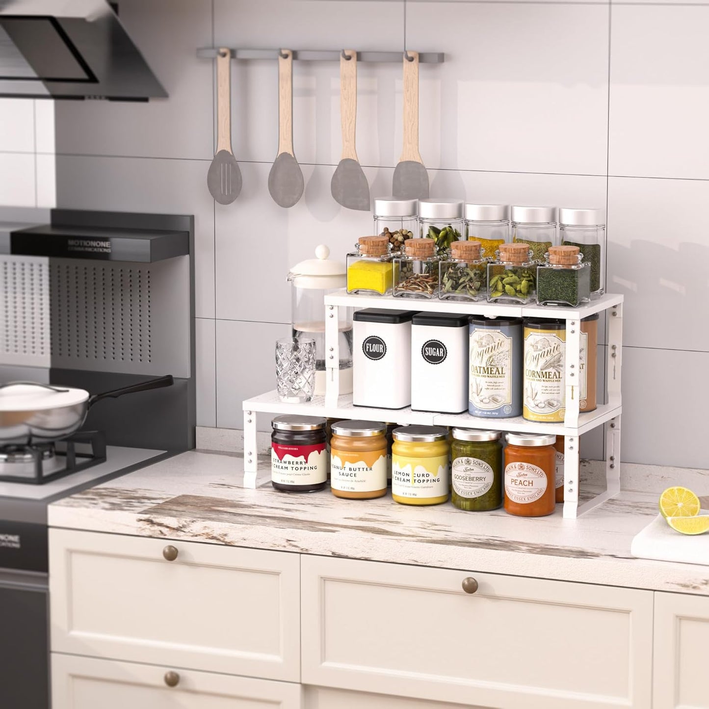 Heavy-Duty Adjustable Metal Shelf Organizer - Expandable & Stackable Pantry Storage Rack for Kitchen, Bathroom, RV, Cabinets(3 Packs/White,Medium)