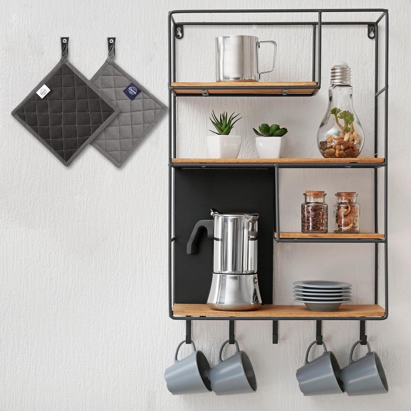 Encasa XO Heat Resistant Cotton Pot Holders with Hanging Loop - Set of 2 - Grey - Multipurpose Quilted Everyday Hot Pad for Kitchen, Camping, BBQ & Microwave - 8x8 in