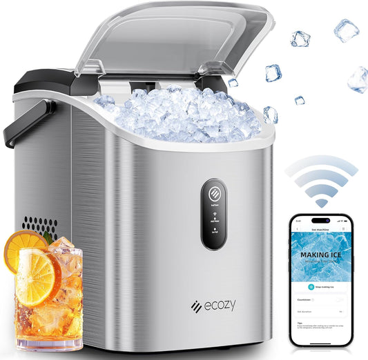 ecozy Smart Nugget Ice Maker Countertop, Portable Pebble Ice Machine with Voice Control, 34lbs/24H Soft Chewable Ice, Self-Cleaning Pellet Ice Maker with APP WiFi for Kitchen Party, Stainless Steel