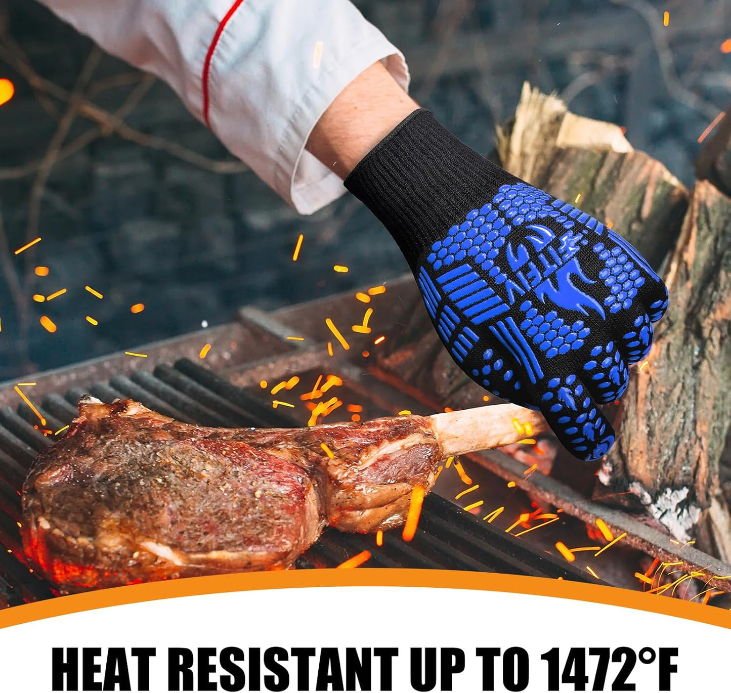 BBQ Gloves, Oven Gloves, 1472°F Extreme Heat Resistant Barbecue Gloves, Silicone Non-Slip Oven Mitts, Kitchen for Cooking, Grilling, and Baking (Blue)