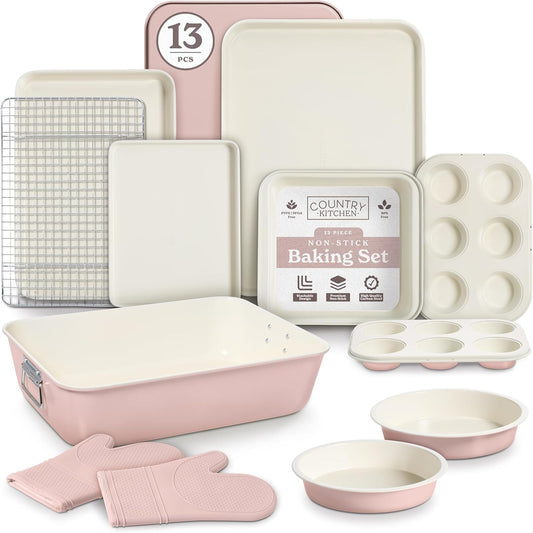 Country Kitchen Nonstick Stackable Bakeware Set - Deluxe Heavy Duty, Durable, Easy Release Baking Set, Pink, 13 Pcs with Handles