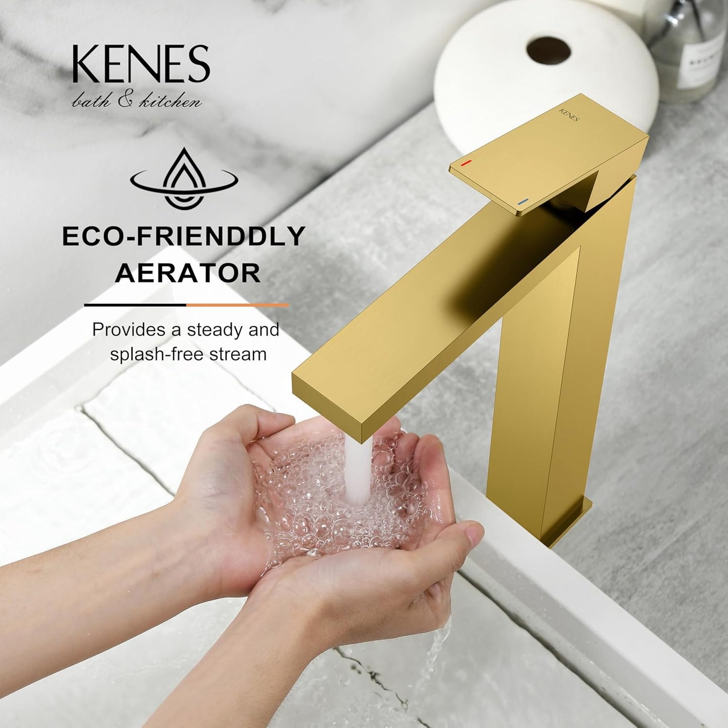 KENES Brushed Gold Tall Bathroom Faucet, Single Handle Vessel Sink Faucet Gold Vanity Bathroom Faucet with Supply Lines and Pop Up Sink Drain, LJ-9031A-4