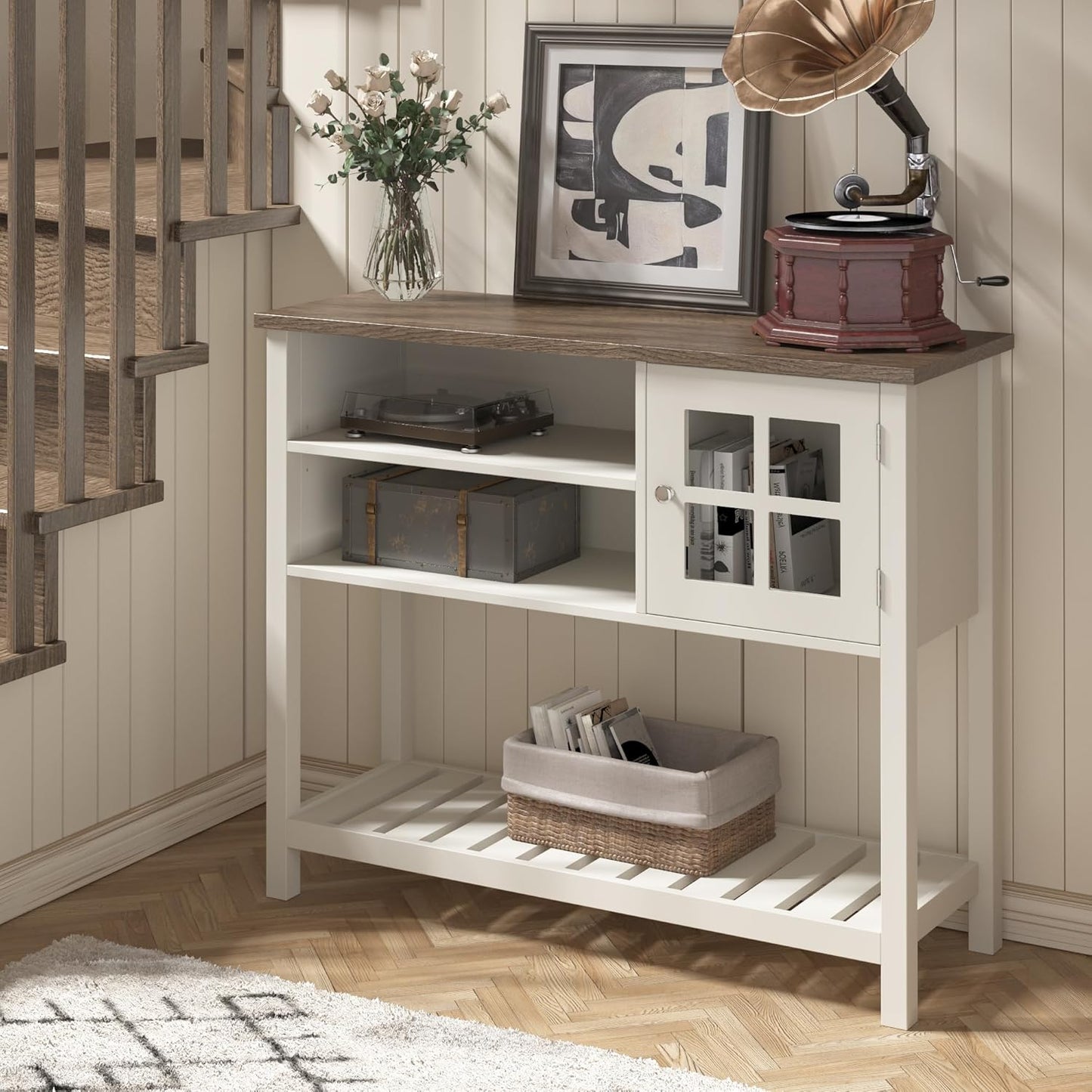 ChooChoo Farmhouse Coffee Bar Cabinet, Buffet Cabinet with Storage, Sideboard Buffet with Glass Door, Console Table for Kitchen, Hallway, Entrance, White