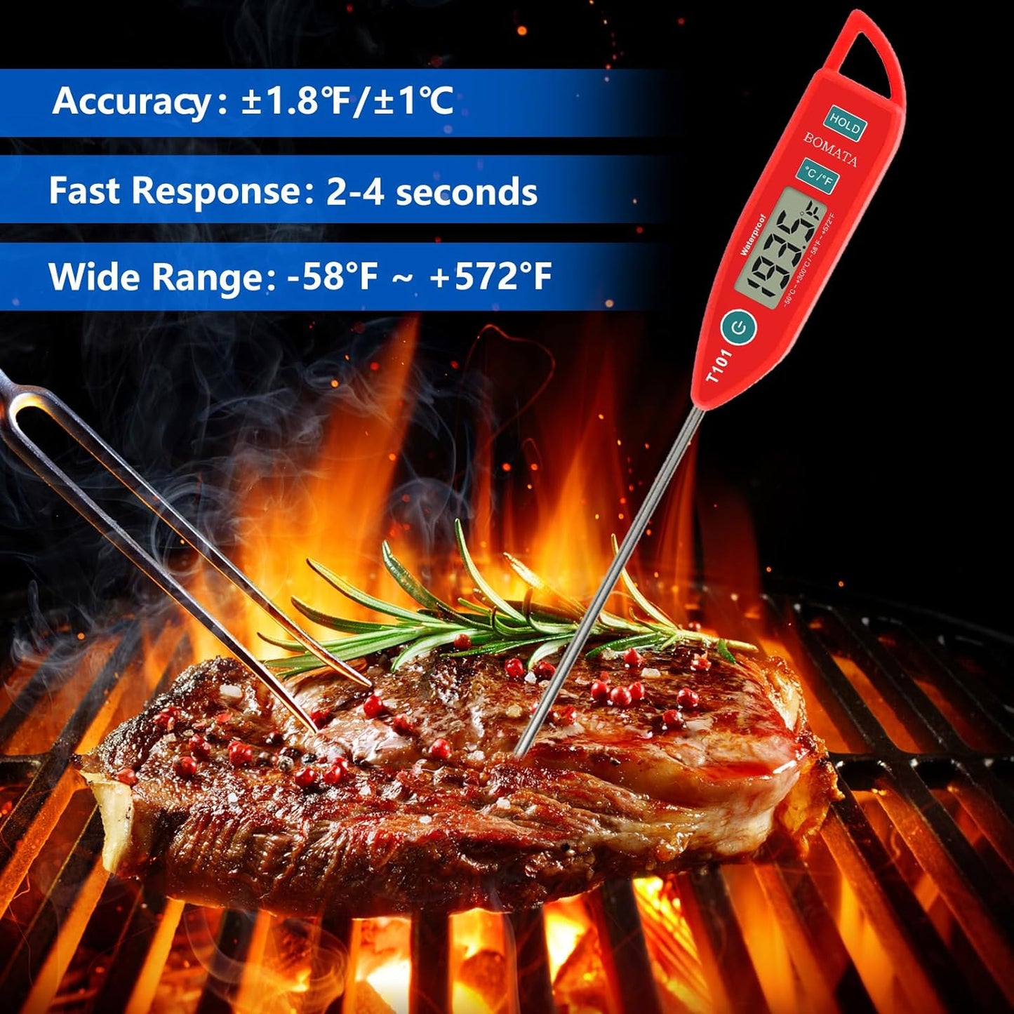 BOMATA 6 Pack Waterproof IPX7 Meat Thermometer Instant Read Food Thermometer with Long Probe for Water, Liquid, Kitchen Cooking, Grill,BBQ ! T101 X 6 Pcs (Black & Red & White)…