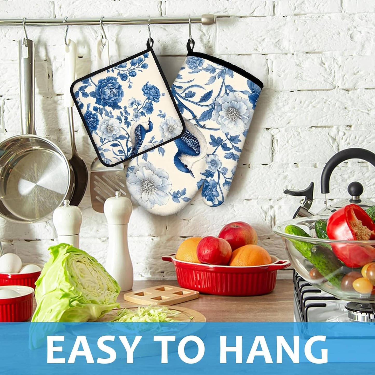 Blue Bird Blooming Flower Oven Mitts and Pot Holders Sets Heat Resistant 4Pcs Potholders Oven Gloves Hot Pads for Kitchen Baking Cooking Grilling BBQ