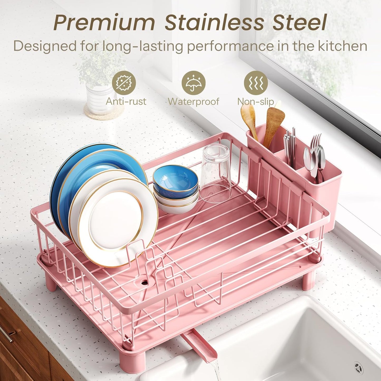 Dish Drying Rack - Small Dish Rack for Kitchen Counter, Stainless Steel Dish Drainer with Utensil Holder and Drainboard (Pink)