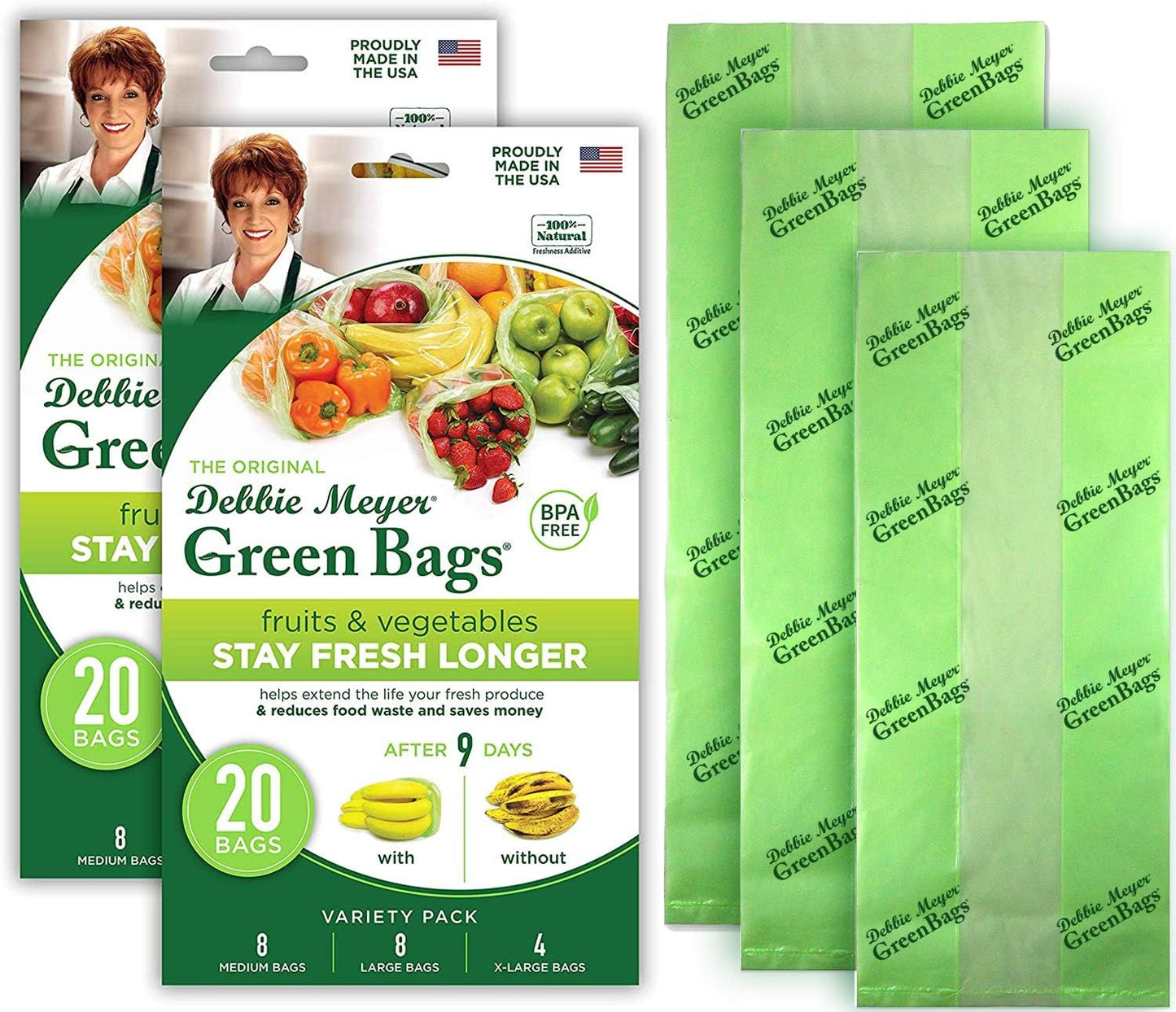 Debbie Meyer, GreenBags 40-Pack (16M, 16L, 8XL) | Reusable Storage Bags Keeps Fruit, Vegetables, Produce, Cut Flowers Fresh Longer, Kitchen & Fridge Preservation Solution, BPA Free, Made in the USA