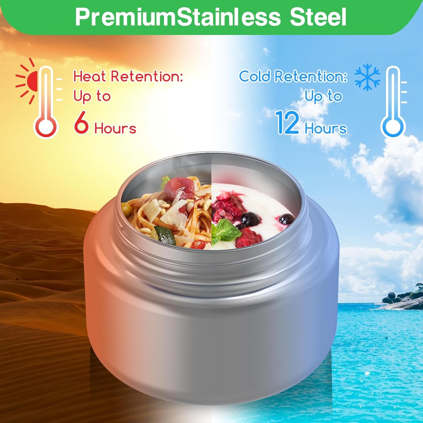 Bento Box for Kids - Leak-Proof Lunch Box with Insulated Thermos Food Jar - 4 Compartments, 1 Removable Divider, 1Spoon, 1 Fork - Dishwasher Safe, BPA-Free (Green)