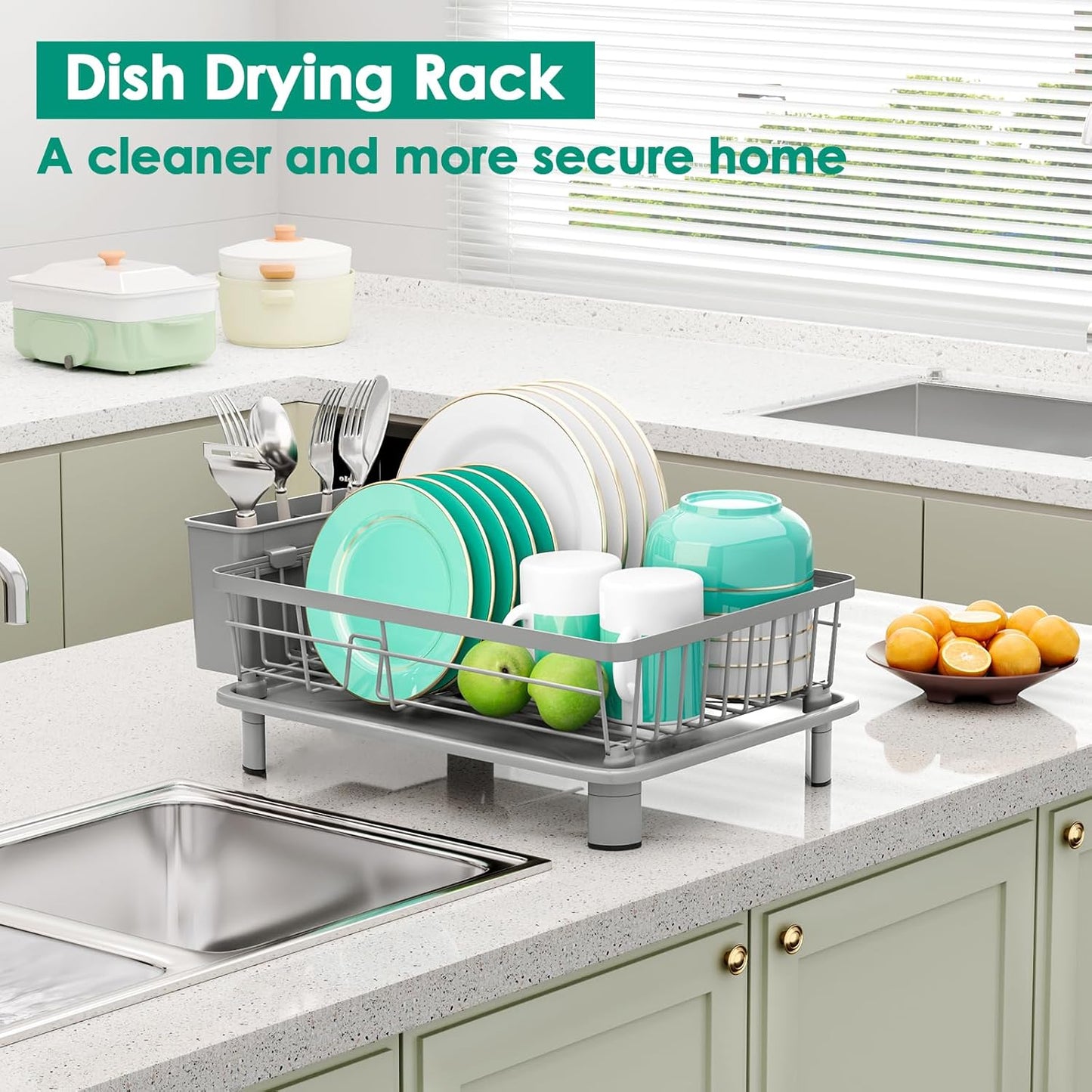 Dish Drying Rack, Space-Saving Dish Rack, Dish Racks for Kitchen Counter, Kitchen Dish Drainers with Removable Utensil Holder,Plate Rack and Drainboard, 11''W x 15''L, Gray