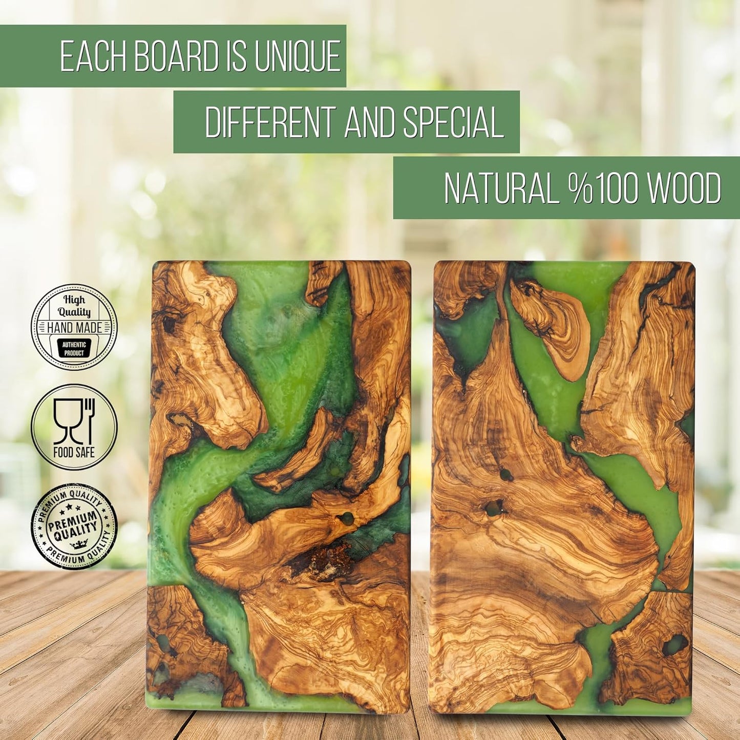 Handmade Epoxy Cutting Board & Charcuterie Board - Decorative, Olive Wood Boards for Serving Cheese, Fruit, Meat - Ideal for Kitchen, Unique Housewarming Gift- Green Resin