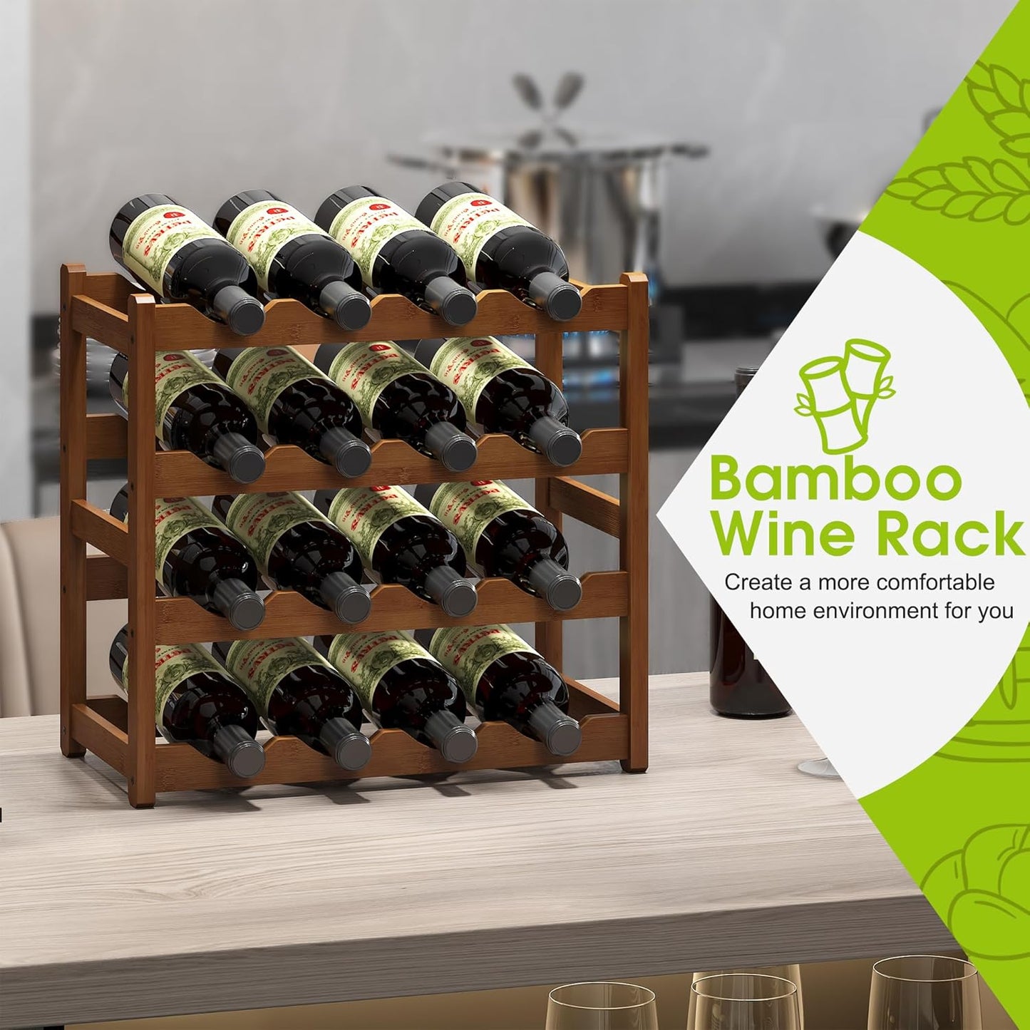 BMOSU Bamboo Wine Rack Wine Storage Cabinet Shelf 16 Bottle Wine Racks Countertop Sturdy for Kitchen Dining Room Pantry - 4 Tiers Wine Rack(Brown)