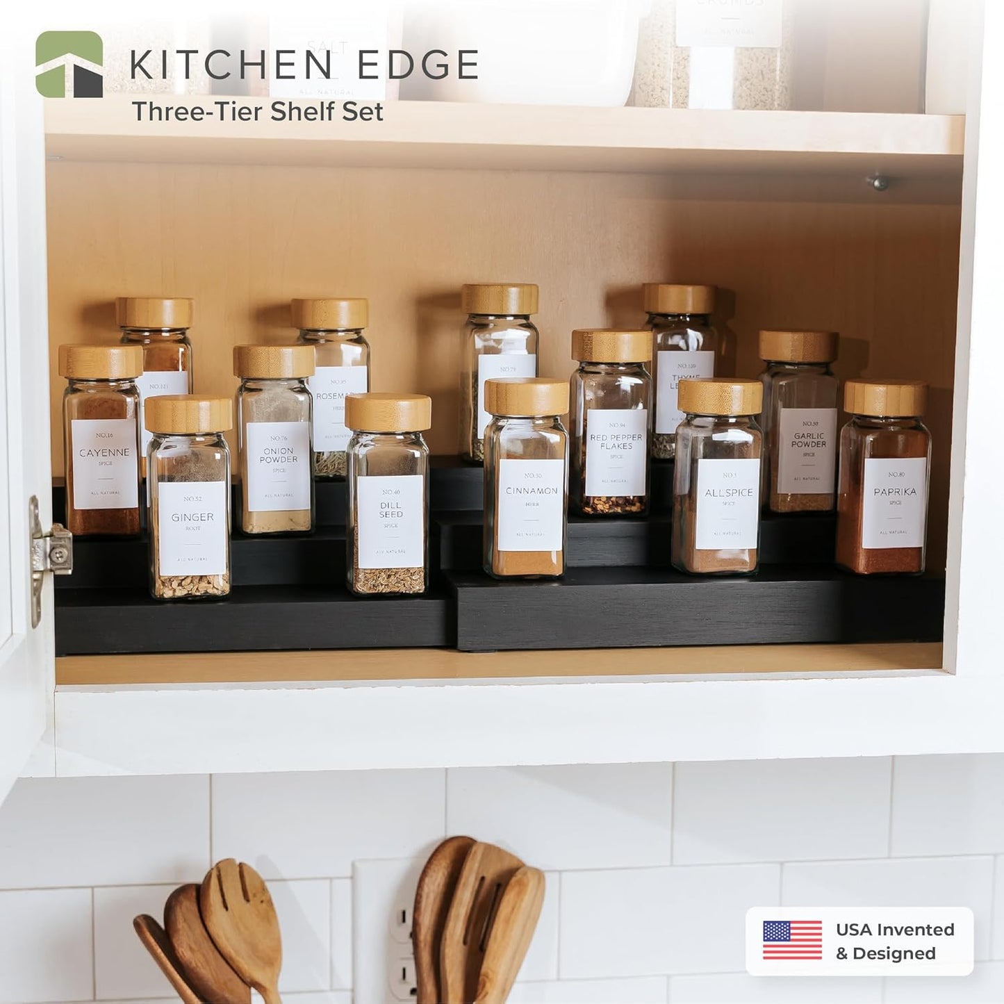 KitchenEdge Expandable Spice Rack Organizer for Cabinet, 3-Tier Shelf for Spice Organization (11” to 22”), Fits 36 Spice Jars, Seasoning and Pantry Storage, Non-Slip Feet, 100% Bamboo, Black Finish