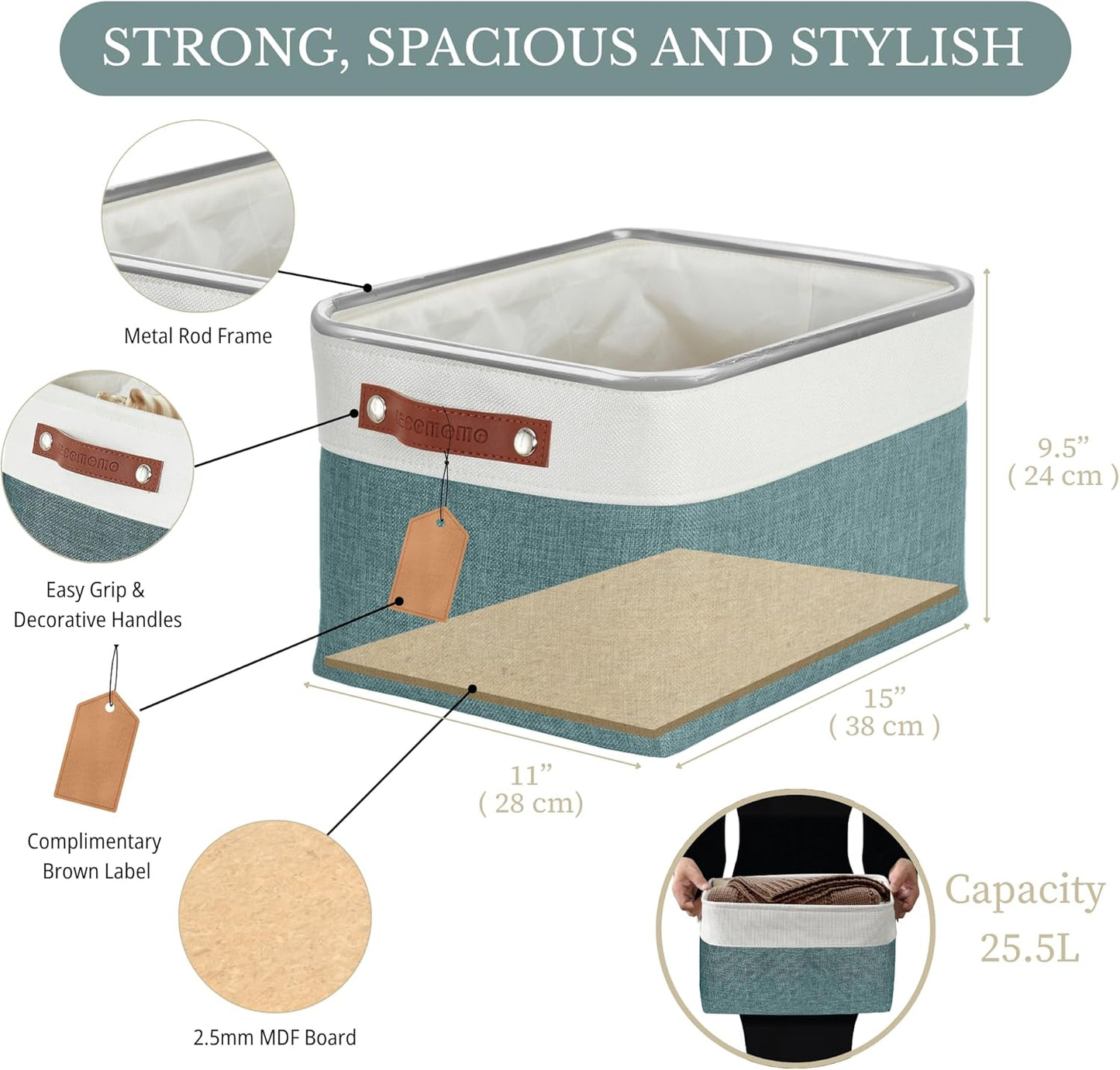 DECOMOMO Storage Baskets for Shelves - Fabric Storage Bins, Linen Closet Organizers and Storage (Green & White, Large - 4 Pack)