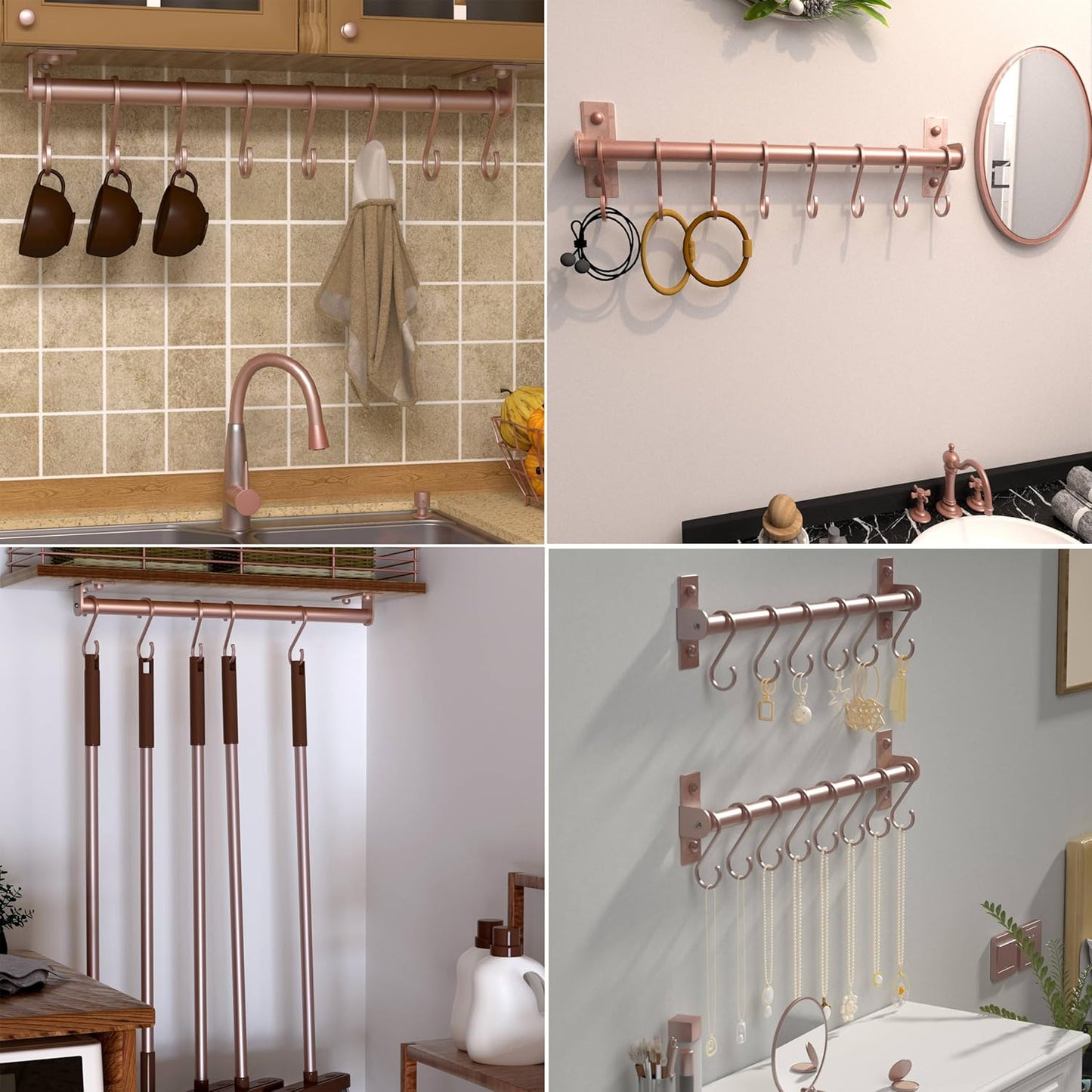 Dseap Kitchen Utensil Holder Hanger, Pot and Pan Rack Wall Mounted, Kitchen Rail with 8 Hooks for Hanging Cooking Utensils, Mugs, Spoons, Wall Mounted, Rose Gold