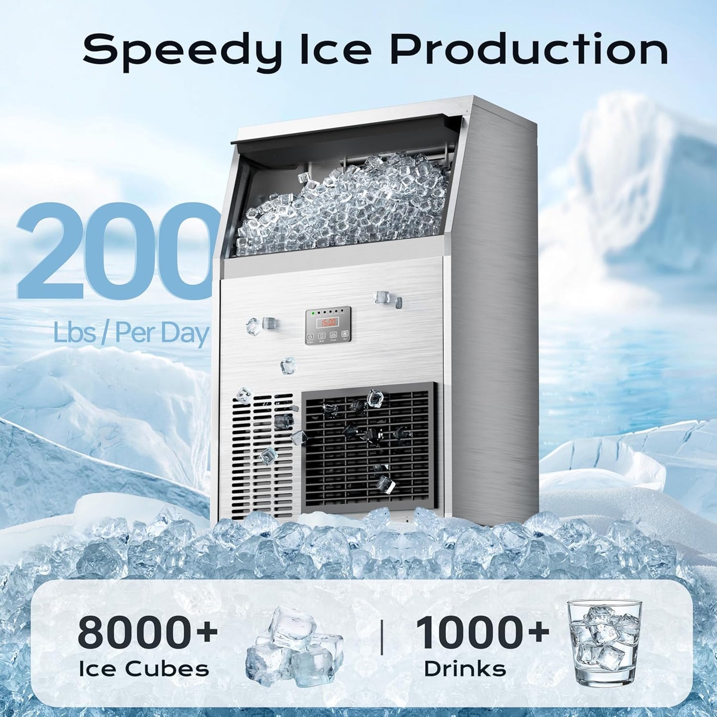 Coolake Commercial Ice Maker Machine 200 Lbs/24H with 50 Lbs Storage Bin, Stainless Steel Under Counter Ice Machine, Self Cleaning Freestanding Ice Maker for Home Bar Garage Outdoor Kitchen