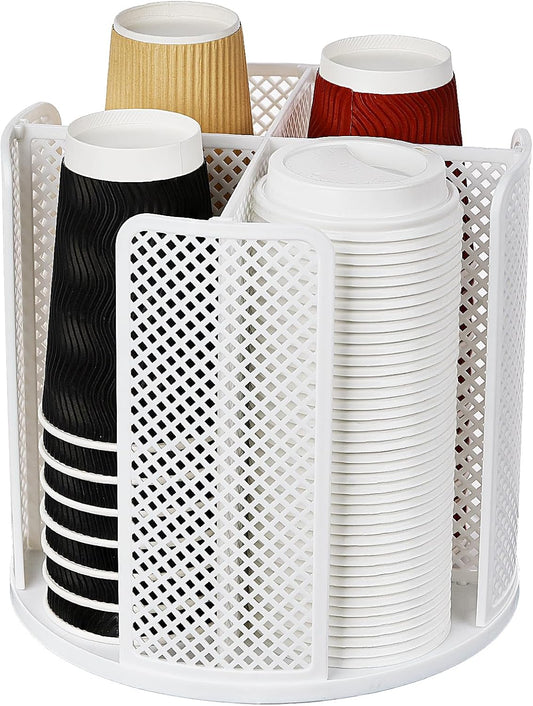 Rotating Cup Dispenser, Coffee Cup Holder with 4 Compartments, Disposable Paper Cup Organizer Fits 5 to 16 oz Cups for Kitchen Cabinets, Detachable Plastic Cup Stand & Lid Holder, White