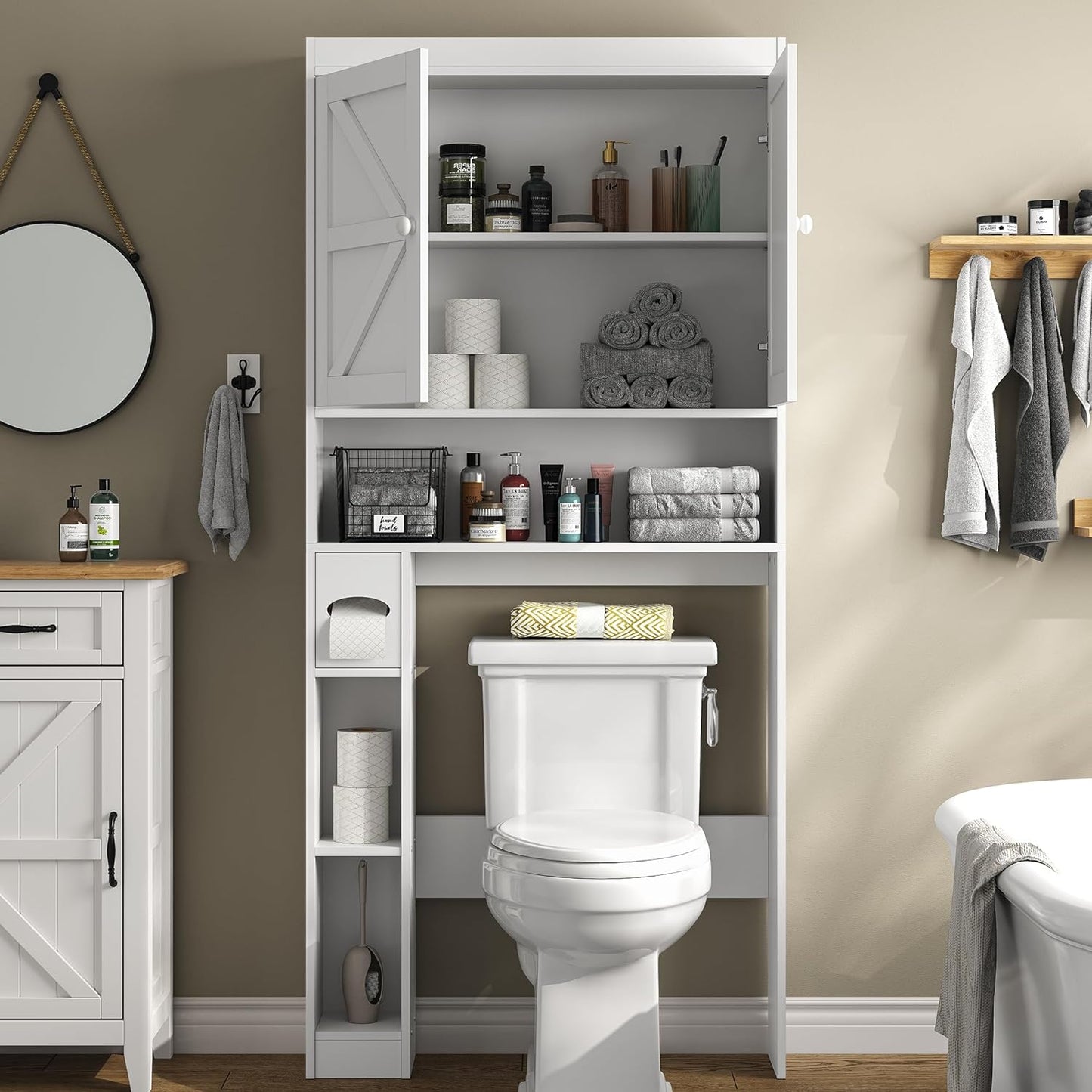 Furnideco Over The Toilet Storage Cabinet with Barn Doors, 32.3''W Free Standing Toilet Storage Shelf Space Saver with Adjustable Bottom Bar, White
