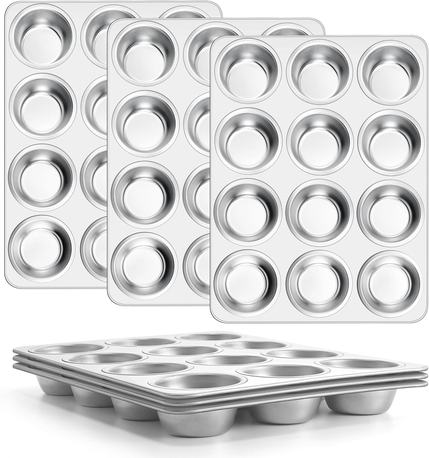 E-far Stainless Steel Muffin Pan Set of 6, 12 Cups Cupcake Pans Tins for Baking, Non-Toxic Metal Muffin Tray Molds for Small Mini Cupcake, Heavy Duty & Regular Size, Rust Free & Dishwasher Safe