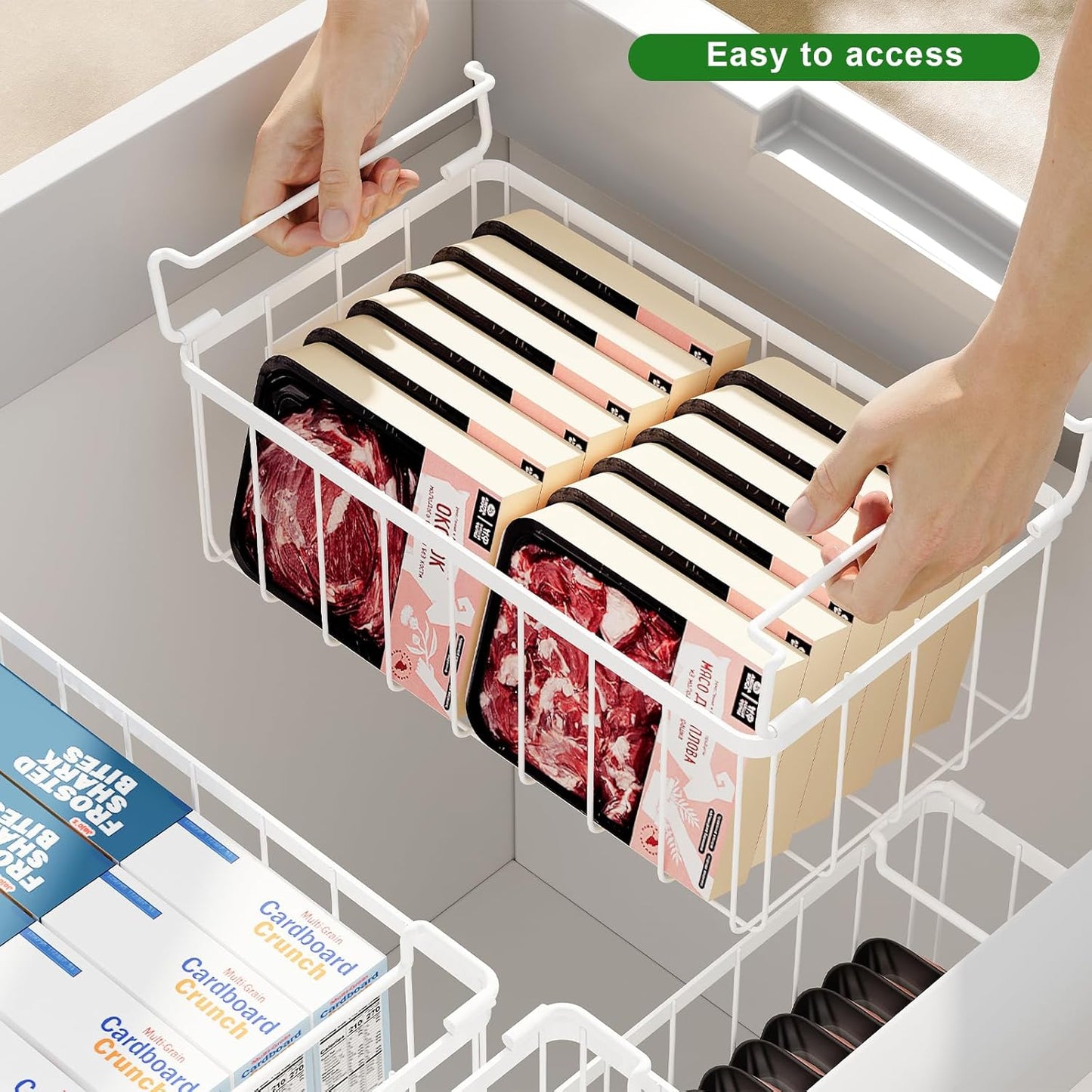 Freezer Storage Organize Baskets - 6 Pack Stackable Deep Freezer Organizer Bins for Most 7 Cu.FT Chest Freezer with Handles, Sturdy but Light, Metal Coated, Add Space, Easy to Reach